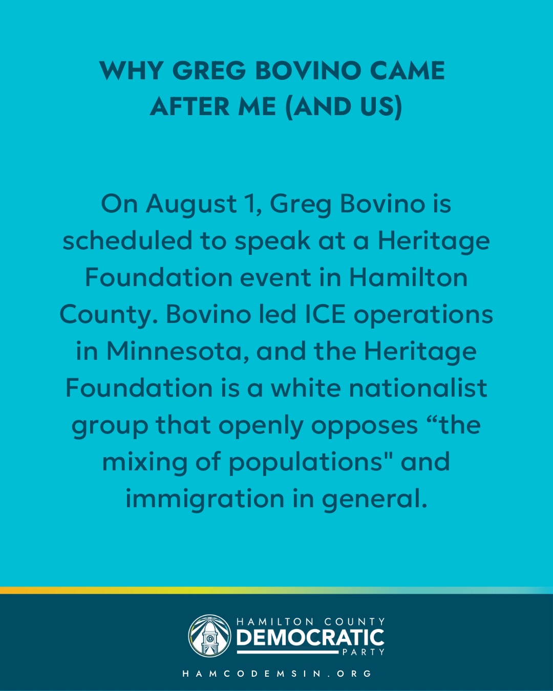 When our Chair spoke out against the upcoming white nationalist event in Fishers, Greg Bovino responded by attacking him personally. 👀
THAT’S BECAUSE HAMILTON
COUNTY MATTERS.
Chip in to our 2026 Blue Wave
Fund and let’s set a new standard: if you hold a white nationalist rally in a county, then that county rejects white nationalism in the polls.
Correction: In our graphic, we refer to the group organizing this rally as Heritage Foundation when they are actually Save Heritage Indiana. We apologize for any confusion.