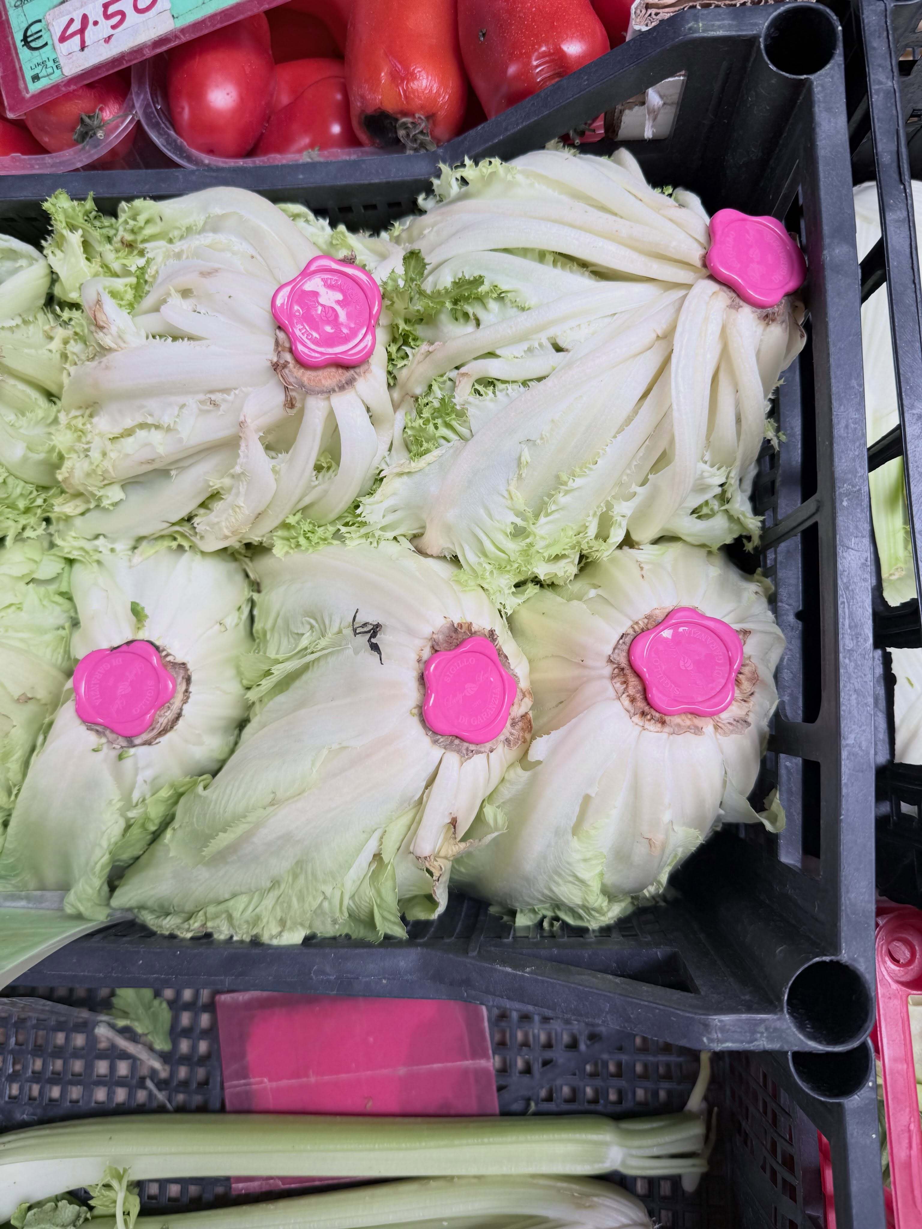 In my “what is this” post, these food-grade wax seals caught my eye….
It can serve a few practical purposes: sealing the cut stem to reduce moisture loss and oxidation, helping the lettuce stay crisp longer, and sometimes providing a visible mark identifying the grower, producer, or certified origin. It’s especially noticeable on higher-quality Italian produce where individual heads are branded or carefully prepared for sale.
In Italy, food is precious!