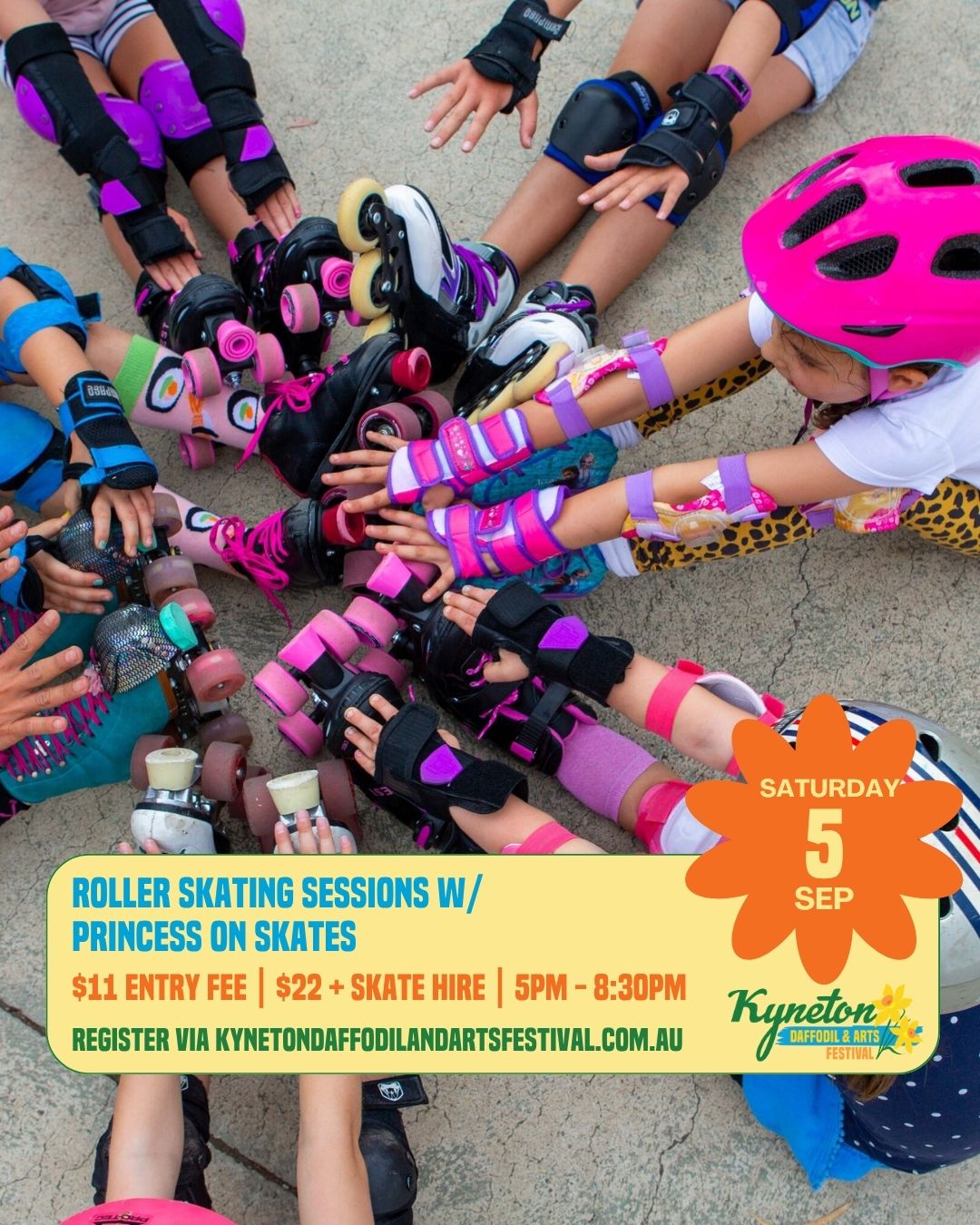Roll into spring with Princess on Skates at the Kyneton Daffodil Festival!
Join us for a colourful pop-up roller disco filled with music, games, lights, movement and plenty of joyful festival energy. Whether you are brand new to skating or already confident on wheels, this is a fun and welcoming activity for kids, families, teens and adults to enjoy.
Skates, helmets and protective gear are provided, and our friendly coaches will be there to help beginners get started, support safe skating, and keep the disco rolling.
5pm - 6:30pm
The earlier session is designed especially for young families, with a gentler pace and a fun, playful atmosphere for younger children and first-time skaters.
7pm - 8:30pm
The later session is recommended for bigger kids, teens and adults, with more of a party vibe, upbeat music and extra disco energy.
Come dressed in your brightest spring colours, bring your festival spirit, and get ready to dance on wheels!
$11 entry fee
$22 skate hire
Spectators are free.
Please note: flashing disco lights and a smoke machine may be used during the roller disco.
🛼 What’s Included:
✨ Disco lights & music by our professional DJ @ziggyisadj
✨ Guidance for beginners
✨ Fun games & demonstrations
✨ Skate hire available (please pre-book)
✨ Free safety gear (pads & helmets to borrow)
✨ Prizes for best dressed! Grand prize: FREE brand new pair of skates/blades from Impala Skate.
Register via our website.
--
The Kyneton Daffodil & Arts Festival
📍 4–13 September 2026
Supported by Major Sponsors @kynetononriverside
Visit our website to view all events and sponsors.