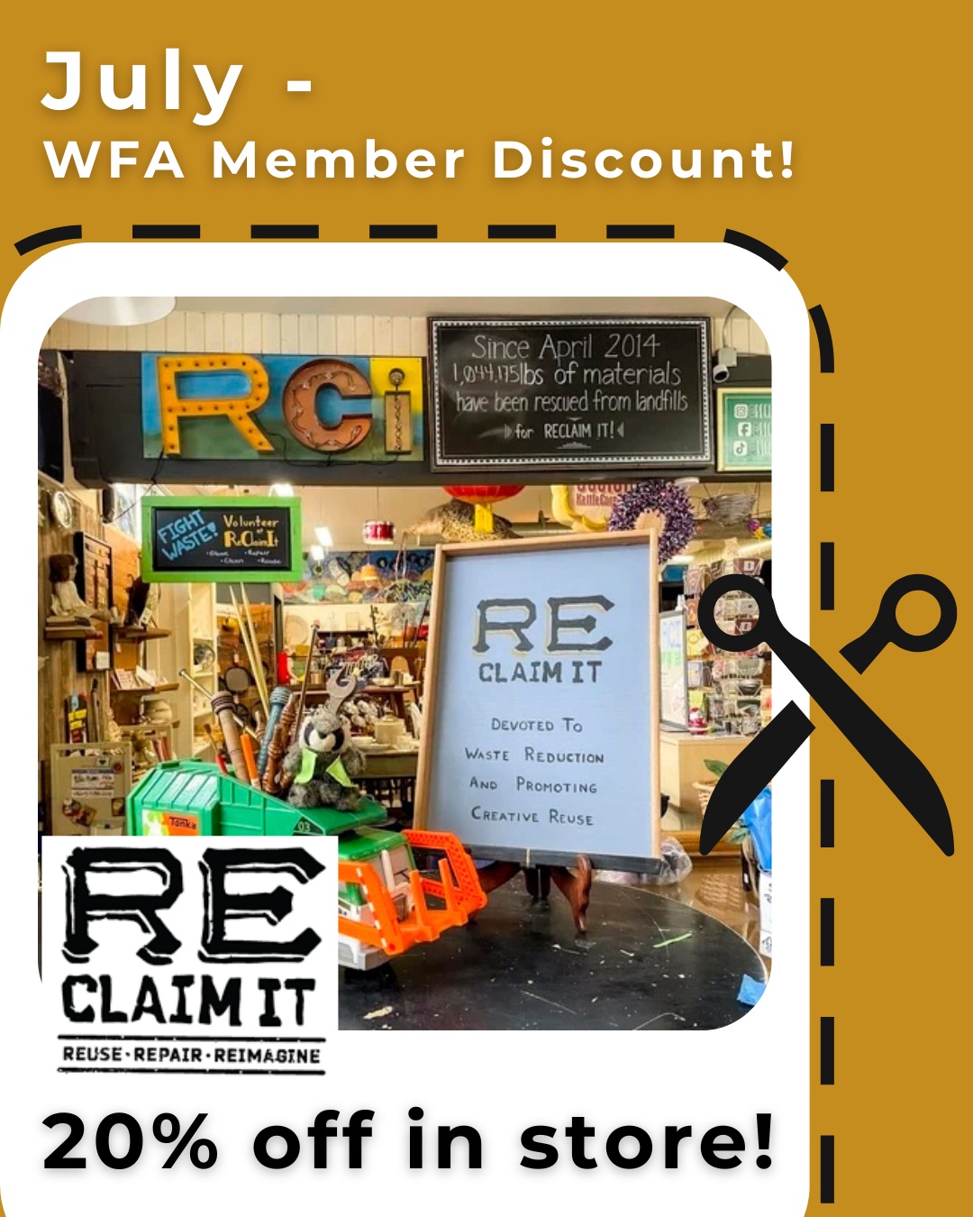 WFA members have just 10 days left to claim their 20% off at @reclaimitpdx ! We're very grateful to be partnered with them! This store and the nonprofit behind it are doing amazing work in Portland. They give valuable items that have been left at the transfer station a new life. ReClaim It is loved by crafty folks and anyone who appreciates a good treasure. Thank you to the staff and volunteers who work to make ReClaim It happen. Keep an eye out for an announcement about their new location!