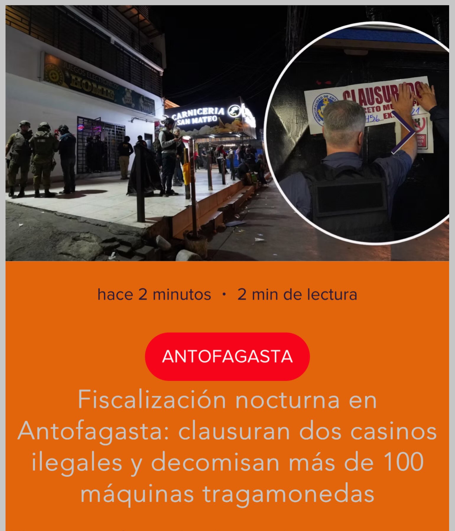 #Municipal | Fiscalización nocturna en Antofagasta: clausuran dos casinos ilegales y decomisan más de 100 máquinas tragamonedas
El operativo fue realizado por el municipio, junto a Carabineros y la PDI, en el sector de Pantaleón Cortés con Bandera, donde además se incautaron alcohol y cigarrillos de contrabando, mientras que un ciudadano extranjero fue denunciado por ingresar irregularmente al país.
Más detalles en las historias o en:
www.antofagastaonline.cl