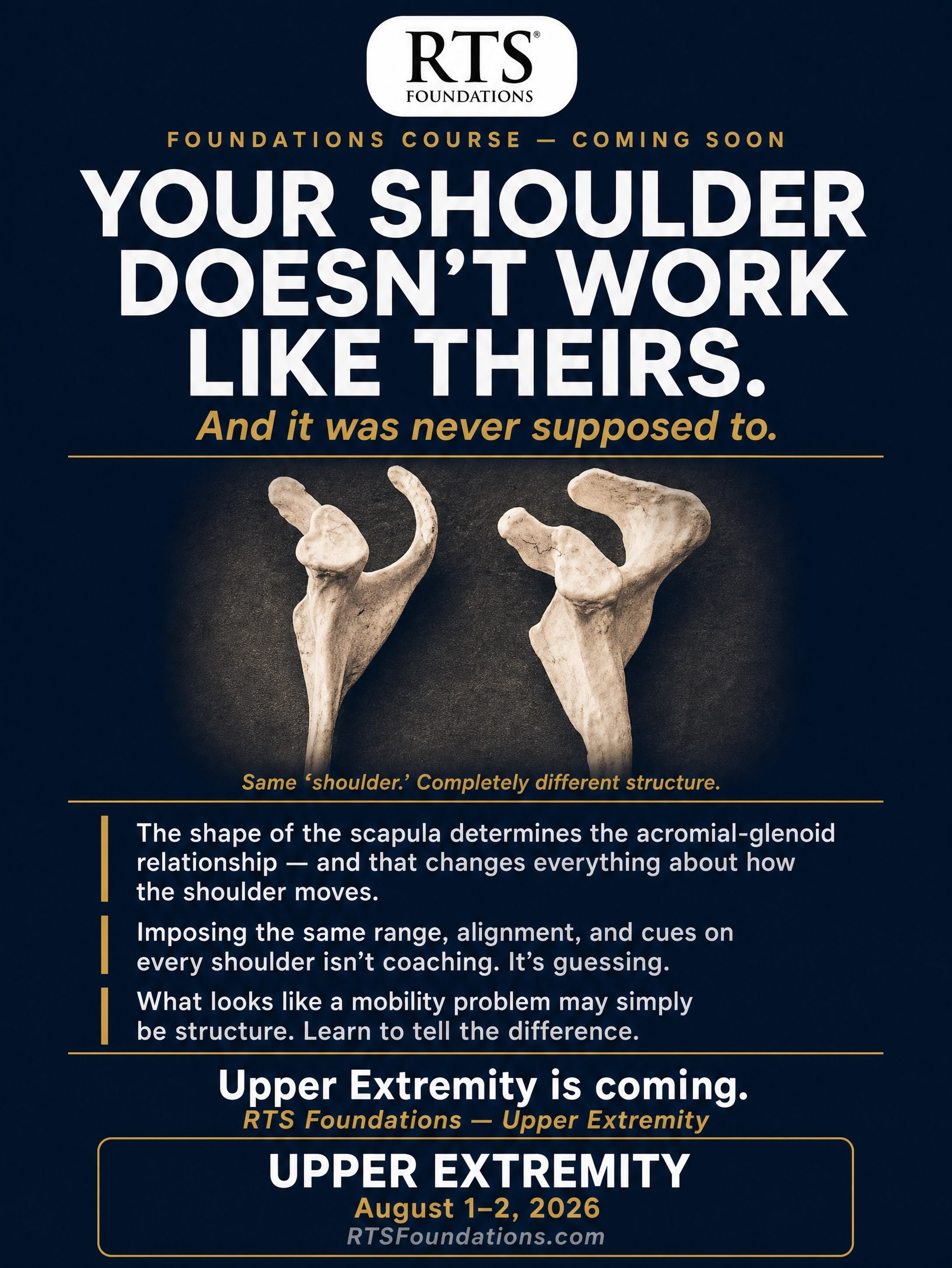 Look at these two scapulas.
Same bone. Completely different shape.
The angle of the acromion. The orientation of the glenoid. The way the entire shoulder complex is positioned before a single rep is ever performed.
These differences are real — and they’re invisible from the outside.
Yet most shoulder programming ignores them entirely. We cue the same positions, demand the same ranges, and then wonder why some clients struggle with movements that feel effortless to others.
Here’s the truth: what looks like a technique problem is often just structure. And you can’t coach your way around anatomy.
In the RTS Foundations Upper Extremity course, you’ll learn how to identify how individual scapular structure shapes shoulder function — and how to design exercises that actually work
with the body in front of you, not against it.
No more universal standards. No more guessing.
📅
August 1–2, 2026 🔗 Registration open —
RTSFoundations.com