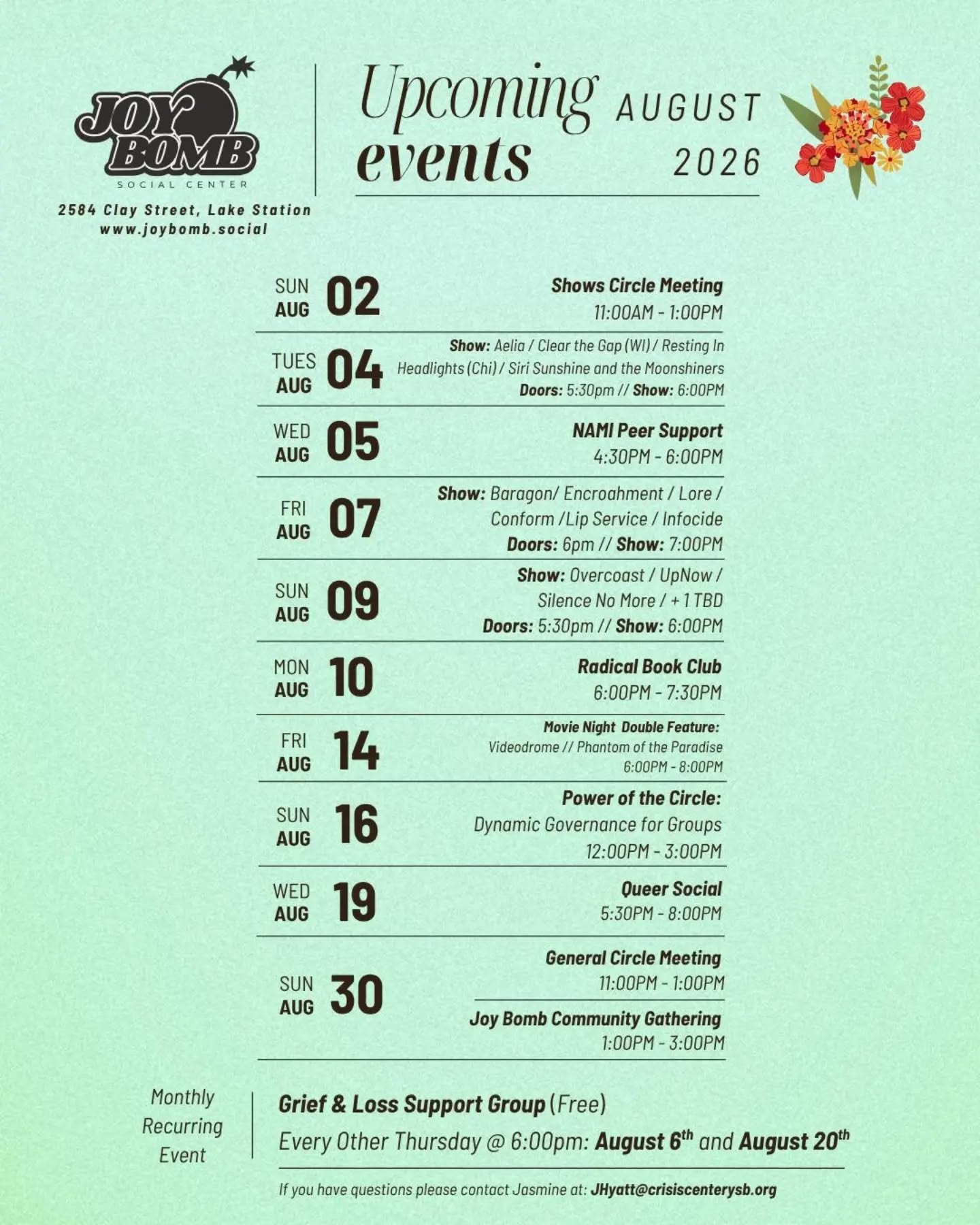 August is upon us and you know what that means... Cool things to do at Joy Bomb! Mark those calendars and come out for any/all of our events.đď¸đ
Let us know what you'd like to see or get involved in at Joy Bomb!