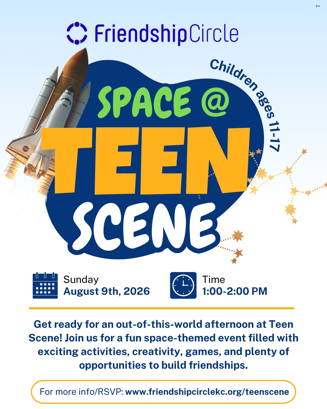 Blast off to Teen Scene! 🚀
At Friendship Circle, we're passionate about building friendships and bridging the gap between people of all abilities. Join us for an out-of-this-world afternoon of space-themed fun, creativity, games, and connection! #inclusion #friendshipcirclekc #friendship
📅 August 9
🕐 1:00–2:00 PM
RSVP through the link in our bio.
