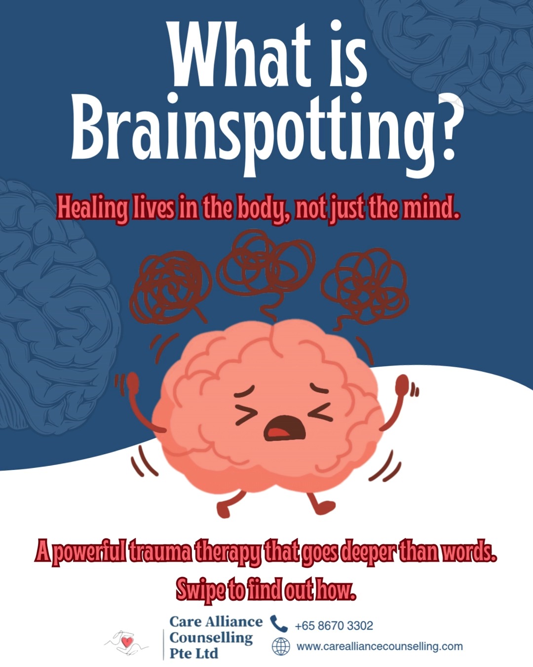 Healing doesn't only happen through talking. 🧠
Brainspotting is a brain-body therapy that finds and releases trauma stored deep in your nervous system. There's no need to relive every detail out loud. Where you look can change how you feel.
It can help with trauma, anxiety, grief, chronic tension, and that "stuck" feeling when talk therapy hasn't gotten to the root of it.
Curious how a session actually works? 👀 Watch to find out!
#Brainspotting #TraumaTherapy #CareAllianceCounselling #SomaticHealing #MentalHealthSG #NervousSystemHealing #mentalhealthmatters #psychotherapy #mentalhealthwarrior #ᴇxᴘʟᴏʀᴇᴘᴀɢᴇ #explorepageًًً