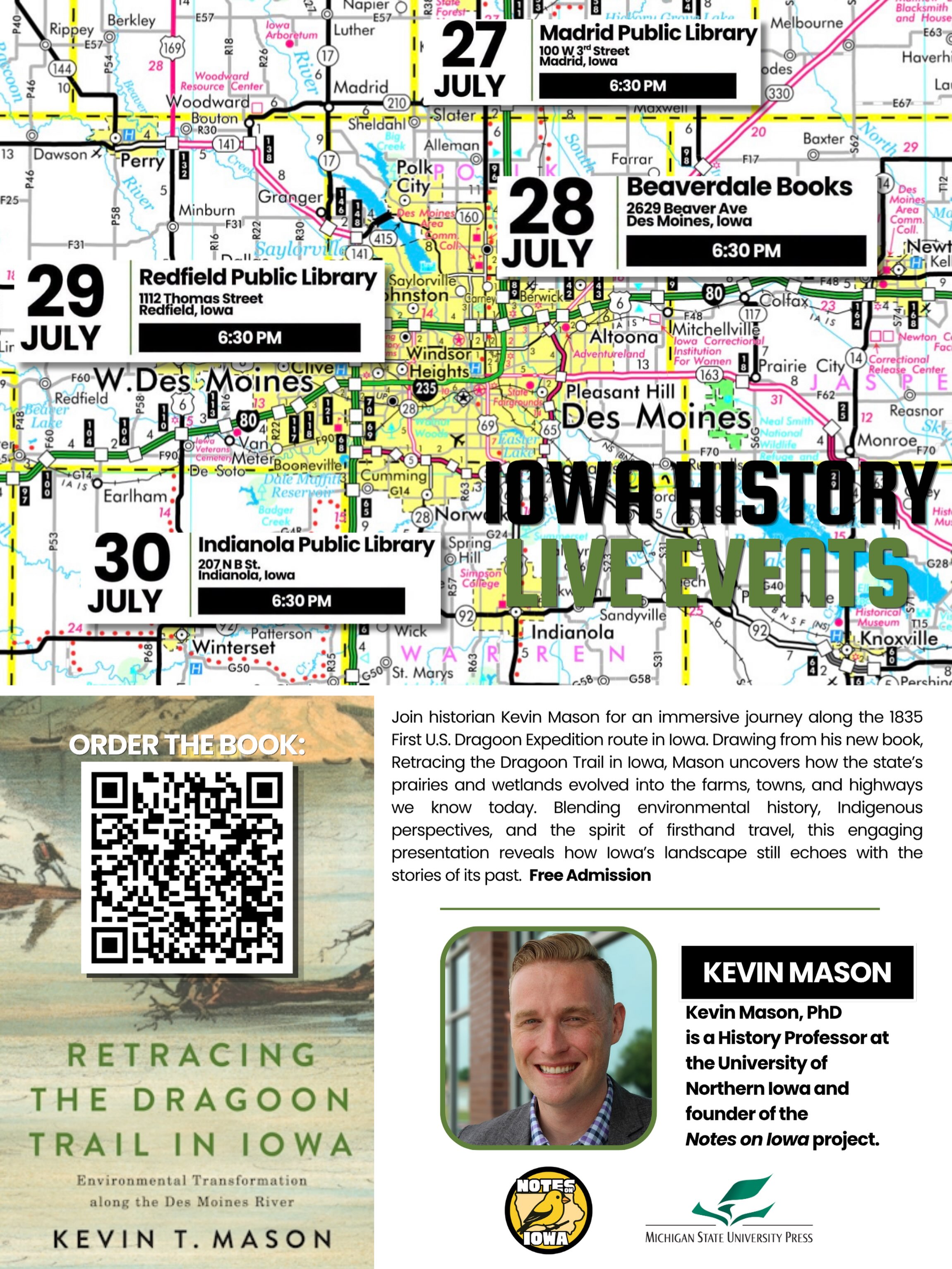 Love Iowa history? Plant to come out for four free central Iowa events celebrating Retracing the Dragoon Trail in Iowa next week!
📍 Madrid (7/27)
📍Beaverdale/Des Moines (7/28)
📍Redfield (7/29)
📍Indianola (7/30)
See you there!