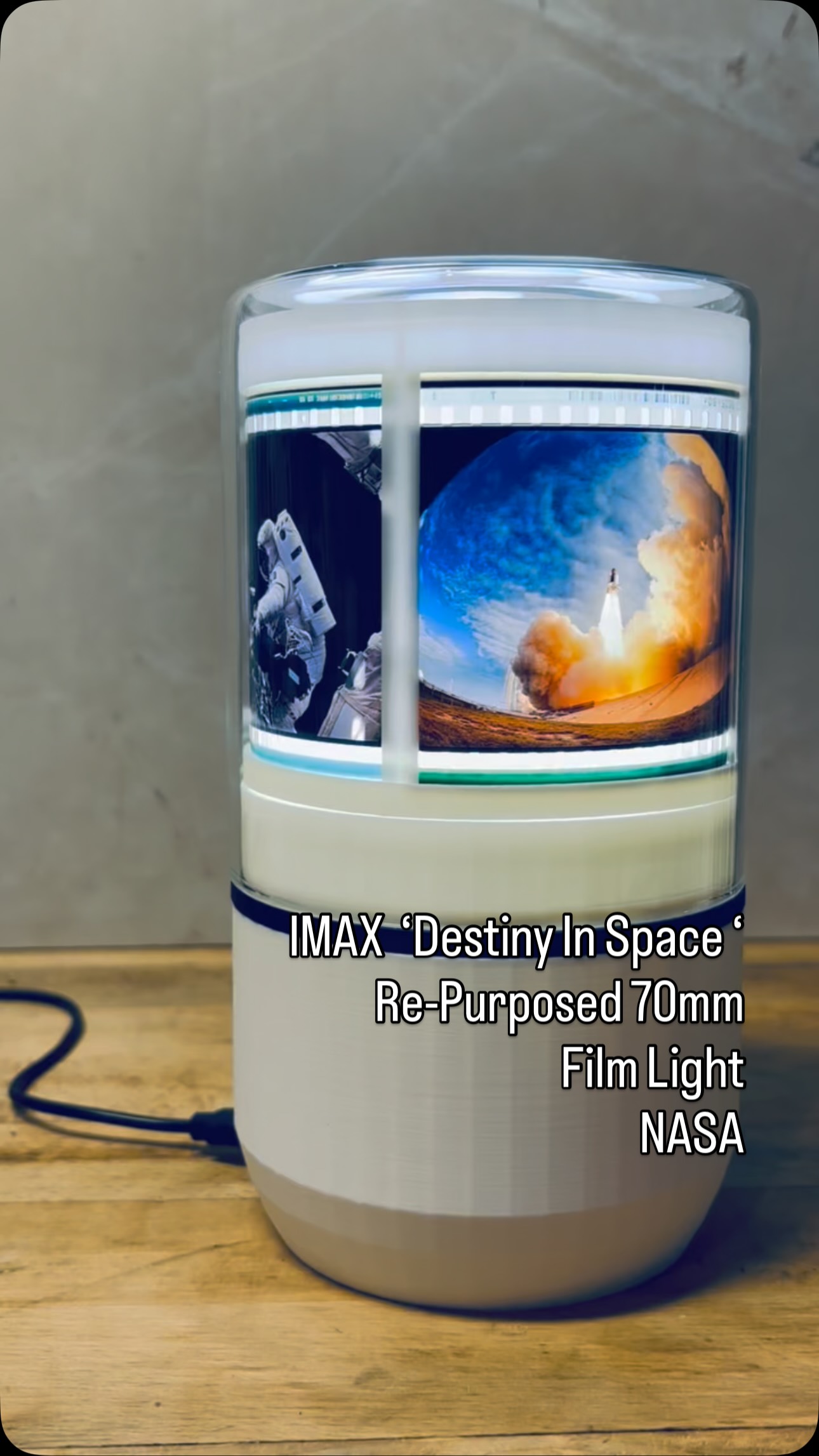 Custom rotating light created using actual re-purposed IMAX 70mm film from ‘Destiny In Space’ released in 1997. This light has a unique assembly (a world’s first) encapsulating this beautiful large film. A small motor is inserted into the base allowing slow rotation & internal led arrangement backlights the film. A protective glass dome is placed over the complete assembly. Powered by a low power USB-C cable.
All of our products are made one-at-a-time in our studio in Ontario, Canada & shipped worldwide. #spaceshuttle #nasa