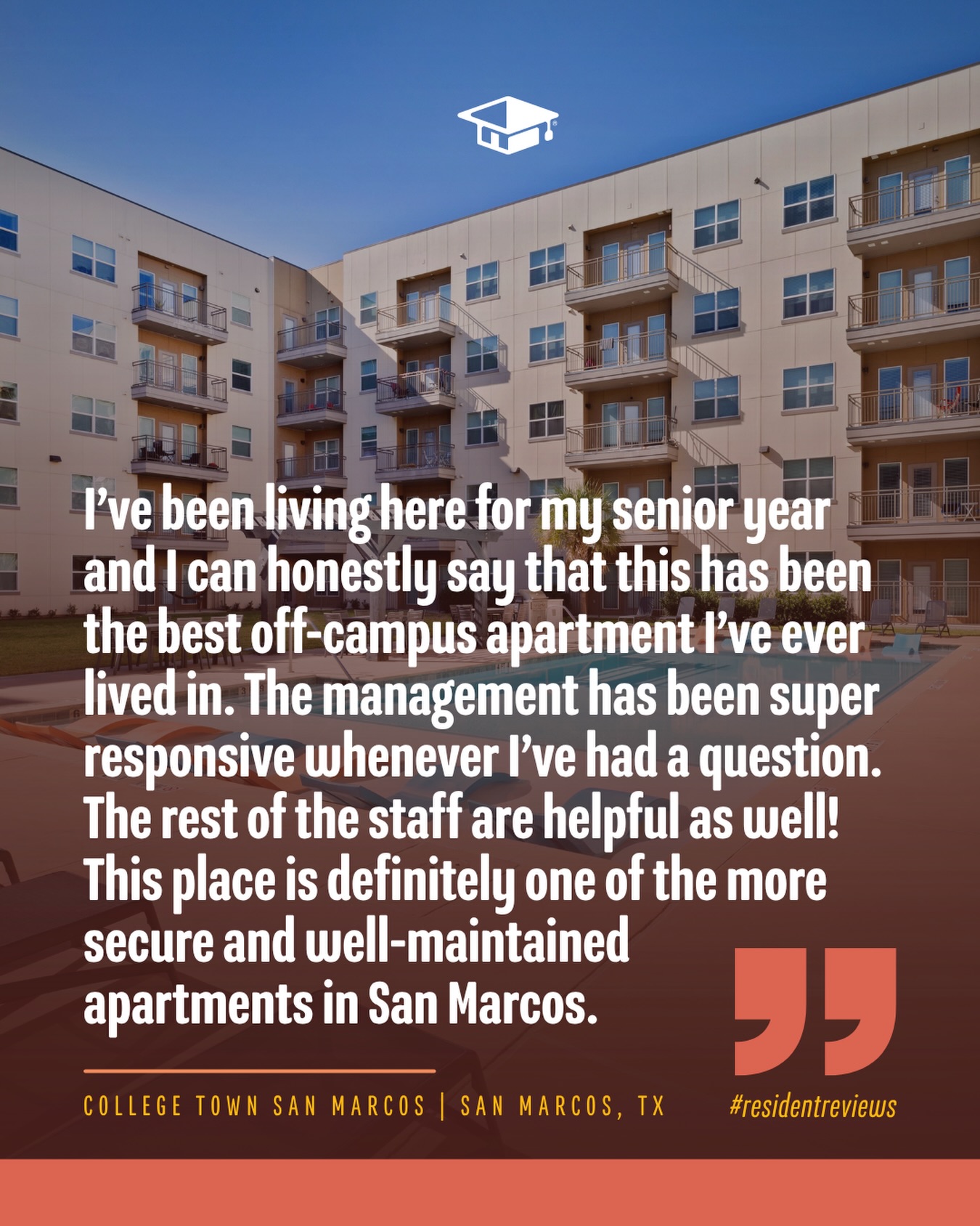 Over at College Town San Marcos, we pride ourselves on delivering a living experience that goes far beyond expectations. There is truly no better reward than seeing our team’s daily hard work reflected in our residents’ feedback! ✨
A massive thank you to our incredible on-site management and maintenance teams for continuously raising the bar, and to our wonderful residents for making our community so vibrant. 🧡
Drop some love for our team in the comments! 👇
#CollegeTownCommunities #LiveWithin
