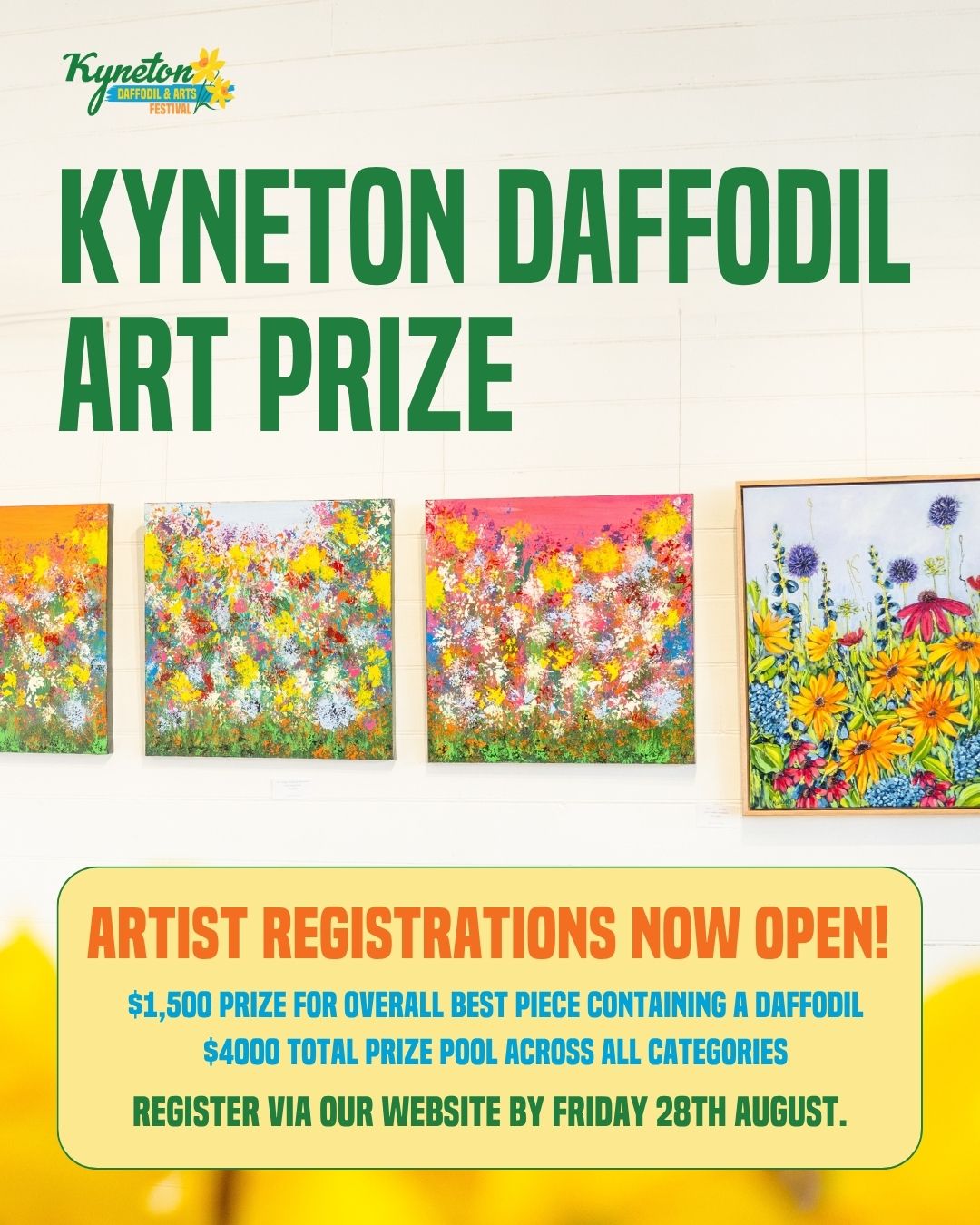 The Kyneton Daffodil Art Prize is open to artists working across a range of styles and mediums. All entries are displayed as part of the Visual and Photography Art Exhibition at @theoldauctionhouse during the festival.
The 2026 exhibition introduces new prize categories and an expanded prize pool, with special categories for artworks featuring a Daffodil and artworks depicting the Kyneton Botanic Gardens, as well as Open Theme categories in specific media.
Registration deadline is 28th August; the exhibition will be on display from Friday, September 4th, to Monday, September 14th, 2026.
Winners will be announced at the Festival Opening on Friday, 4 September.
Head to our website to register and view details for each category.
--
The Kyneton Daffodil & Arts Festival
📍 4–13 September 2026
Supported by Major Sponsors @kynetononriverside
Visit our website to view all events and sponsors.