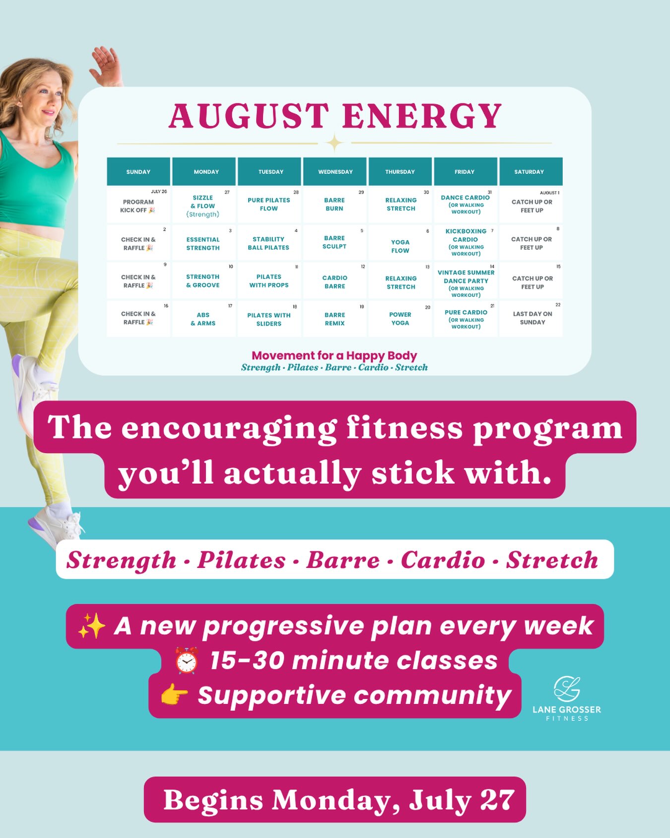 💛 𝒀𝒐𝒖’𝒓𝒆 𝒊𝒏𝒗𝒊𝒕𝒆𝒅.
If you’ve been thinking, “I really need to get back into a routine,” I’d love to have you join us for 𝐀𝐮𝐠𝐮𝐬𝐭 𝐄𝐧𝐞𝐫𝐠𝐲. ⚡️
One of my favorite parts about LGF is that you don’t have to wonder what workout to do each day. I’ve already planned it all for you.
Over the next four weeks, we’ll get stronger with classes like 𝐒𝐢𝐳𝐳𝐥𝐞 & 𝐅𝐥𝐨𝐰, 𝐒𝐭𝐫𝐞𝐧𝐠𝐭𝐡 & 𝐆𝐫𝐨𝐨𝐯𝐞, 𝐊𝐢𝐜𝐤𝐛𝐨𝐱𝐢𝐧𝐠 𝐂𝐚𝐫𝐝𝐢𝐨, 𝐃𝐚𝐧𝐜𝐞 𝐂𝐚𝐫𝐝𝐢𝐨, 𝐁𝐚𝐫𝐫𝐞 𝐑𝐞𝐦𝐢𝐱, and more—all in fun, 15–30 minute workouts that fit into real life.
And you’ll be doing it alongside the kindest, most encouraging community of women. 💛
We begin 𝐌𝐨𝐧𝐝𝐚𝐲, 𝐉𝐮𝐥𝐲 𝟐𝟕, and I have 𝟏𝟎 𝐬𝐩𝐨𝐭𝐬 available for this round.
Here’s what a couple of our members have shared:
💛 “I actually wake up excited to work out now.”
💛 “I truly feel like part of a community, not just a number.”
If that sounds like the kind of fitness community you’ve been looking for, I’d love to have you join us.
✨ Learn more and save your spot here:
lanegrosserfitness.com/fitnesschallenge