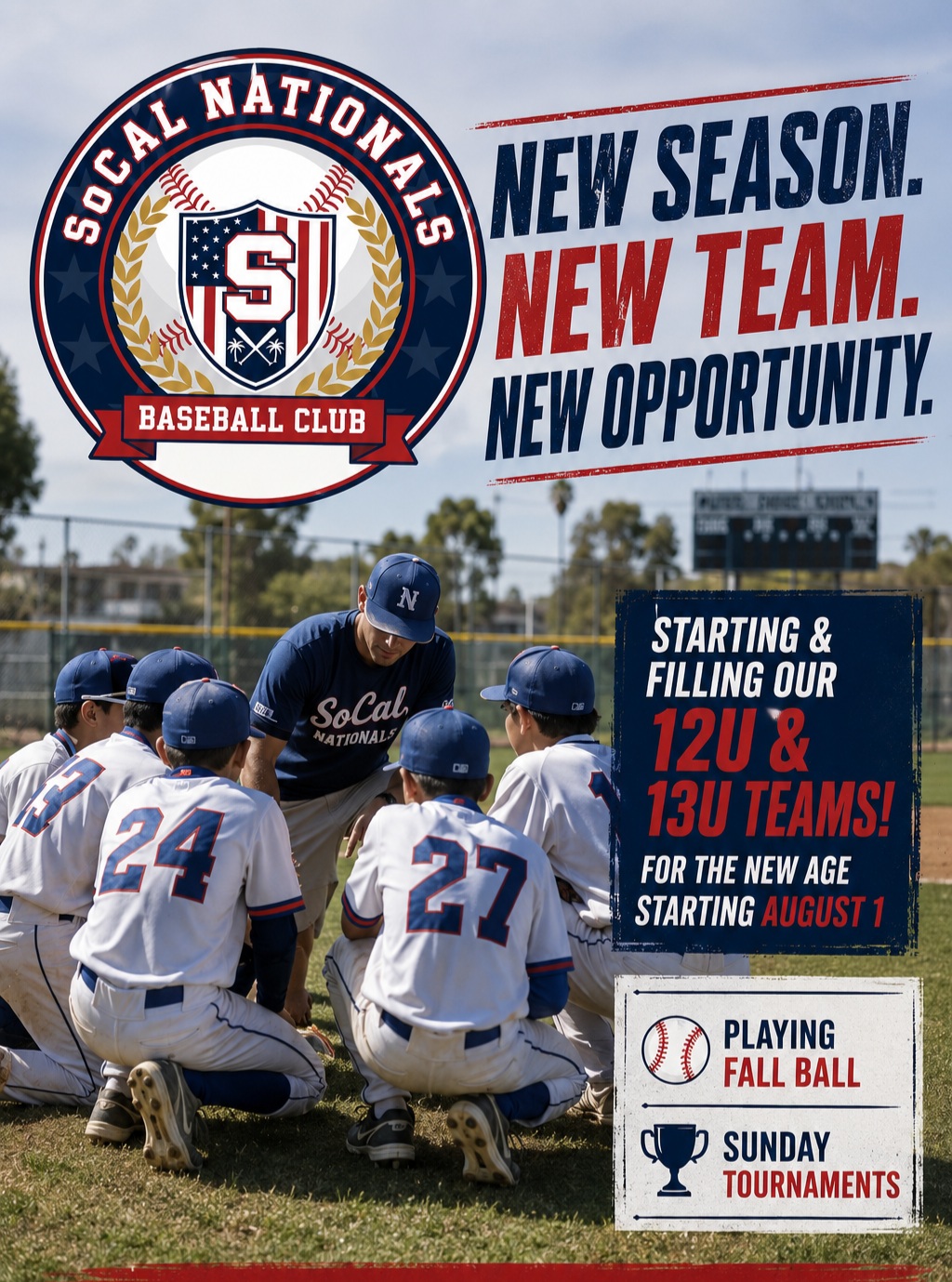 ⚾ NEW SEASON. NEW TEAM. NEW OPPORTUNITY. ⚾
The SoCal Nationals are officially building and adding to our brand new 12U and 13U rosters for the upcoming age season starting August 1st!
If your player is looking for high-level development, competitive reps, and elite coaching in the Pasadena area, we want to see them on the field.
What to expect:
🍂 Fall Ball Season
🏆 Sunday League & Tournaments
🧢 Mid-week Practices & Skill Development
We hold player evaluations on an ongoing basis! You can easily schedule an individual 1-on-1 evaluation with our coaching staff, or bring your son out to participate in an upcoming team practice to check us out.
📩 DM us directly or email socalnationals2026@gmail.com to schedule your player’s evaluation! 🦅🏆
