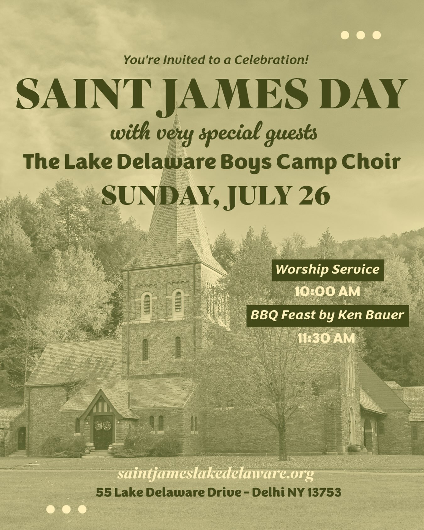 You’re welcome to join us for a very special celebration Sunday. The festivities start at 10am mass with music by the Lake Delaware Boys’ Camp Choir. After, join us for some terrific BBQ by Ken Bauer, sno cones, cotton candy, water balloons & inflatables too!
If you’ve been curious about faith, church, or even Saint James’ historical campus - this is a great opportunity to check it out.
See you soon!
#bovinany #andesny #delhiny #delawarecountyny #ruralchurch
