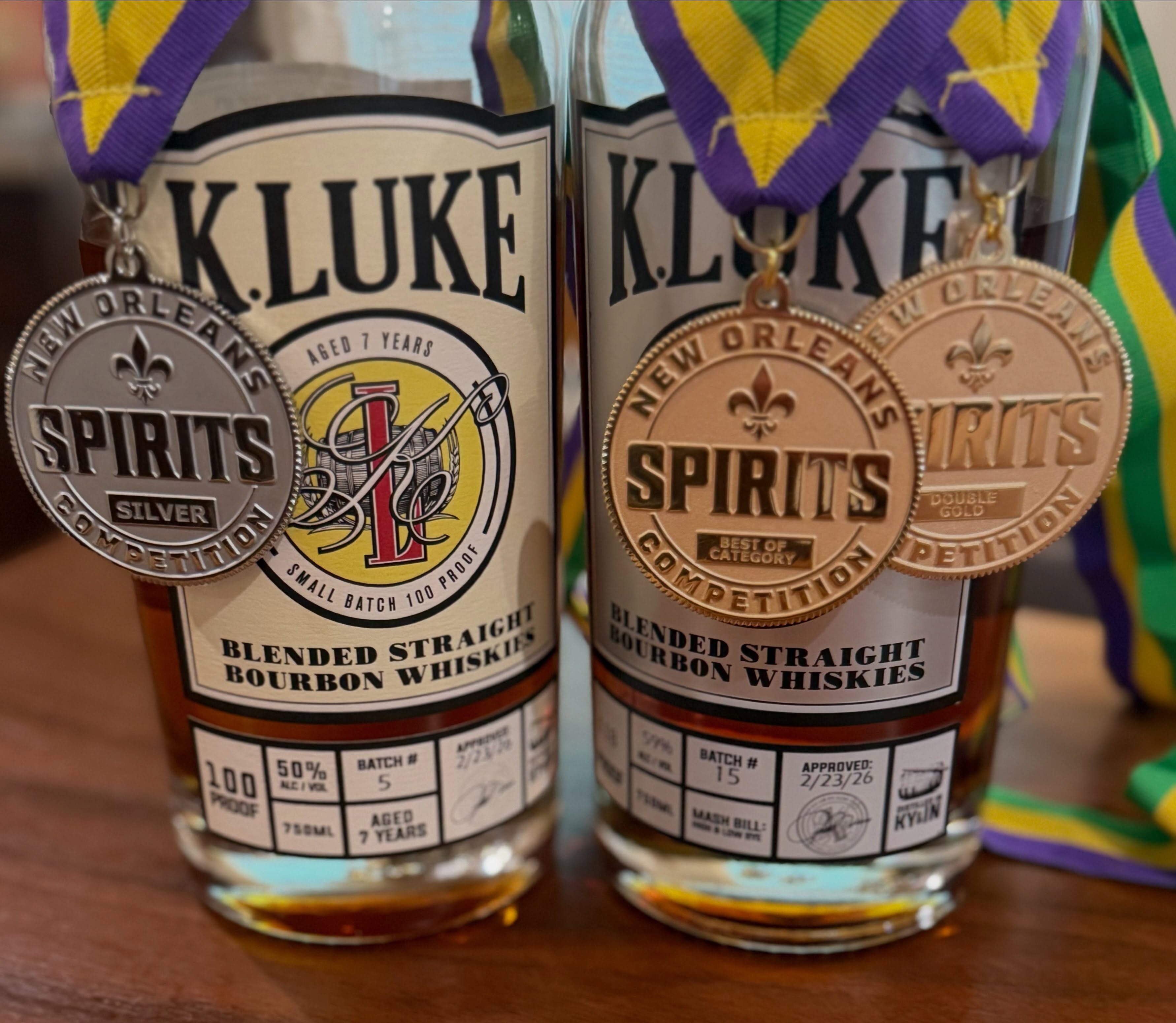 Yesterday at @tales_of_the_cocktail, @nolaspiritscomp awarded K.LUKE Batch 15 Barrel Strength Bourbon a Double Gold Medal and named it the Best Cask Strength Bourbon of 2026!
We’re also proud to share that our Batch 5 100 Proof Bourbon earned a Silver Medal.
Thank you to the judges and everyone who continues to Love what we do at K.LUKE Whiskey Company. Cheers 🥃
#TheSpiritOfBlending
#WinningInNewOrleans
#DoubleGold
#BestOfCategory
@uncorkednola
