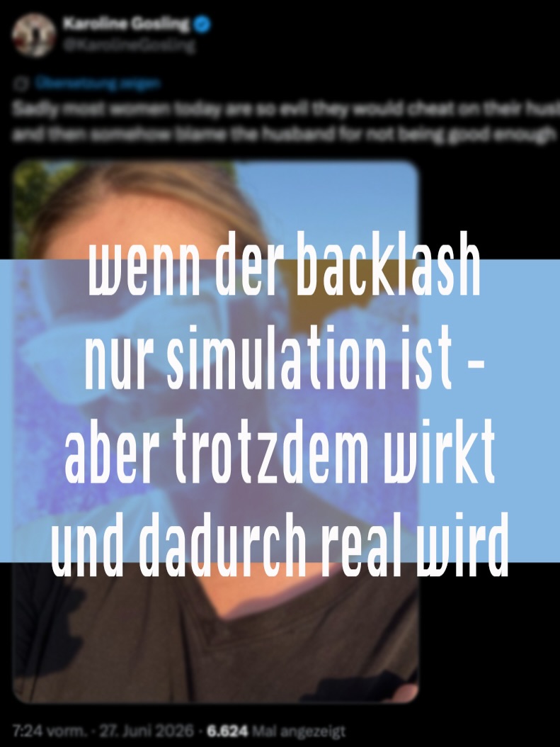 In meinem Essay für @die_politische_meinung zeige ich am Beispiel des X-Accounts einer Frau, die es gar nicht gibt, wie Antifeminismus und politischer Extremismus durch die gezielte Bewirtschaftung der Reaktionskultur hergestellt und bevölkert werden.
Link zum Text in Bio & Story.
Mehr dazu in meinem Buch HYPERREAKTIV @wagenbach_verlag
#backlash #vibeshift #antifeminismus