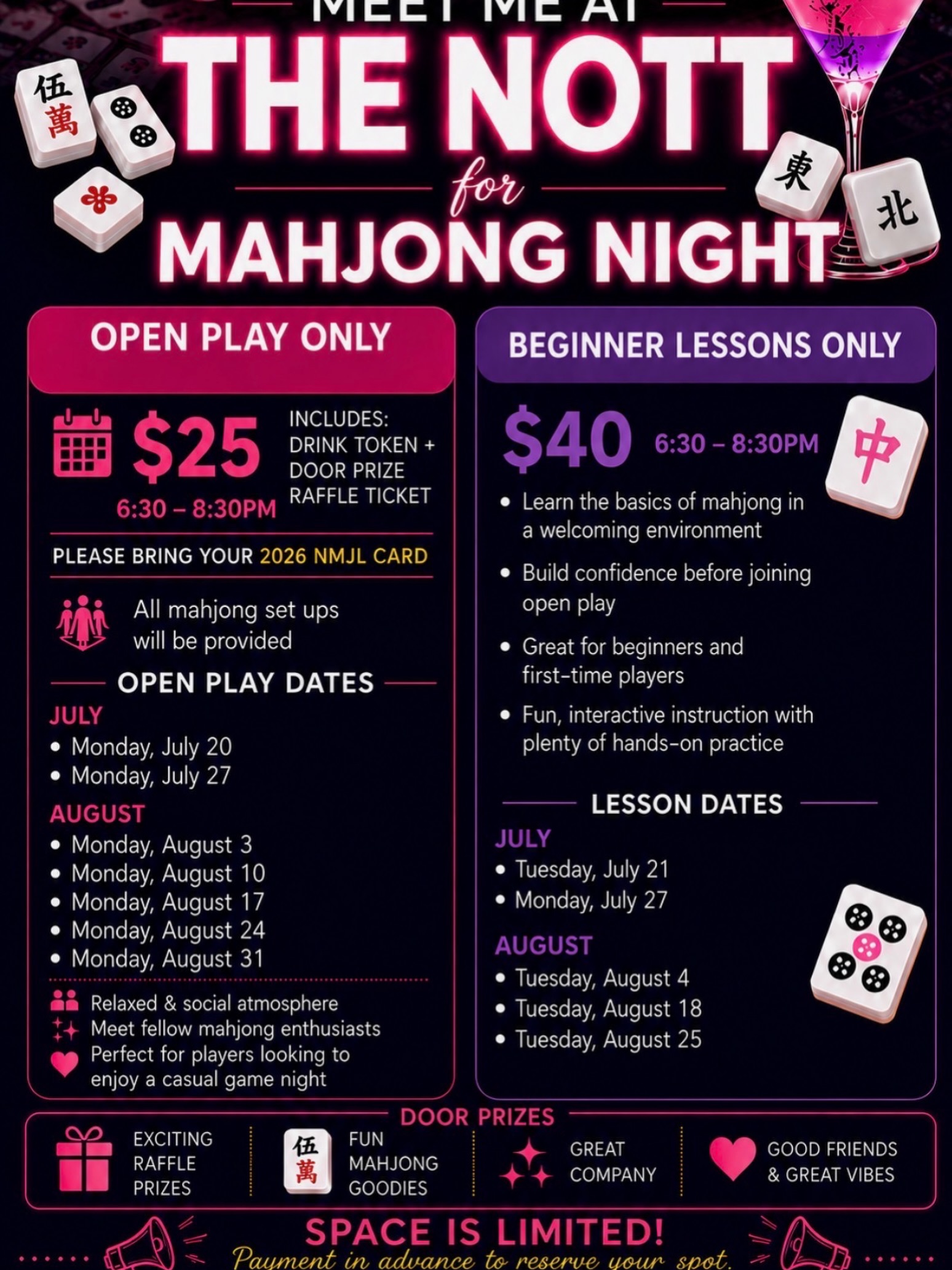 Maj Me at the Nott is the night everyone’s talking about. 🀄🍸
Our last events filled up with great people, lots of laughs, new friendships, and just the right amount of friendly competition. If you’ve been looking for a fun night out, this is it.
🀄 Open Play with Aranka
📅 Mondays • 6:30–8:30 PM
🍸 $25 includes a drink token and a door prize raffle ticket.
🀄 Please bring your 2026 NMJL Card. Mahjong sets are provided.
📚 Beginner Lessons
💲$40 • 6:30–8:30 PM
Perfect for first-time players looking to learn in a relaxed, welcoming environment. Payment in advance is required to reserve your spot.
Come early for dinner, grab a cocktail, meet some amazing people, and see why everyone is saying…
Maj Me at the Nott.
Space is limited, so reserve your spot today through the link in our bio.