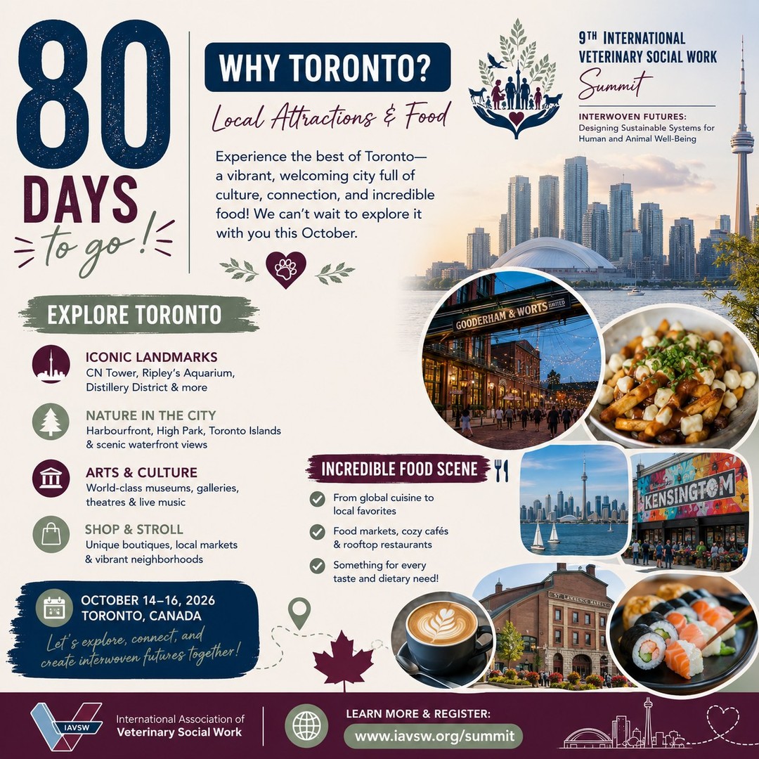 🍁 80 DAYS TO GO!
The countdown continues—and we're excited to welcome you to one of North America's most vibrant cities!
Why Toronto? Because it's the perfect place to learn, connect, and explore.
✨ While you're here for the 9th International Veterinary Social Work Summit, don't miss:
🏙️ Iconic landmarks like the CN Tower, Harbourfront, and the Distillery District
🍣 A world-class food scene featuring everything from international cuisine to Canadian favorites (yes, you have to try the poutine!)
🎭 Diverse neighborhoods filled with art, culture, shopping, and local markets
🌳 Beautiful parks, waterfront trails, and the Toronto Islands—all just minutes from downtown
Whether you're arriving early or staying after the Summit, Toronto offers something for everyone.
📍 October 14–16, 2026
🍁 Toronto, Ontario, Canada
What are you most excited to experience in Toronto—🍽️ the food, 🏙️ the city, 🎭 the culture, or 🤝 the Summit? Tell us in the comments!
🔗 Learn more & register: www.iavsw.org/summit
#IAVSW #VeterinarySocialWork #Toronto2026 #InterwovenFutures #Summit2026 #ExploreToronto #ConferenceTravel #OneHealth #HumanAnimalBond #80DaysToGo #9IVSWS
