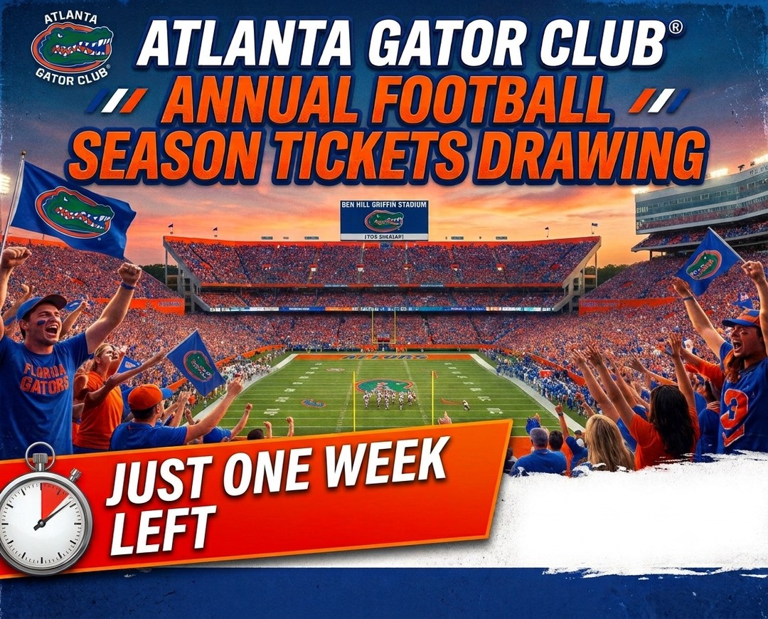 ONLY ONE WEEK LEFT!
Atlanta Gators, it’s time to gear up for football season, and this year, we are completely changing the game.
We’ve revamped our annual ticket drawing to give you more flexibility, more choices, and an unprecedented Grand Prize.
Don't miss your chance to secure the best seats in the house for the 2026 season.
The entry deadline is July 30. All winners will be drawn and notified on July 31. Good luck, and GO GATORS!
Remember that ALL profits support the Atlanta Gator Club Scholarship Fund, helping local students head to the University of Florida.
https://buff.ly/snMY6Qq