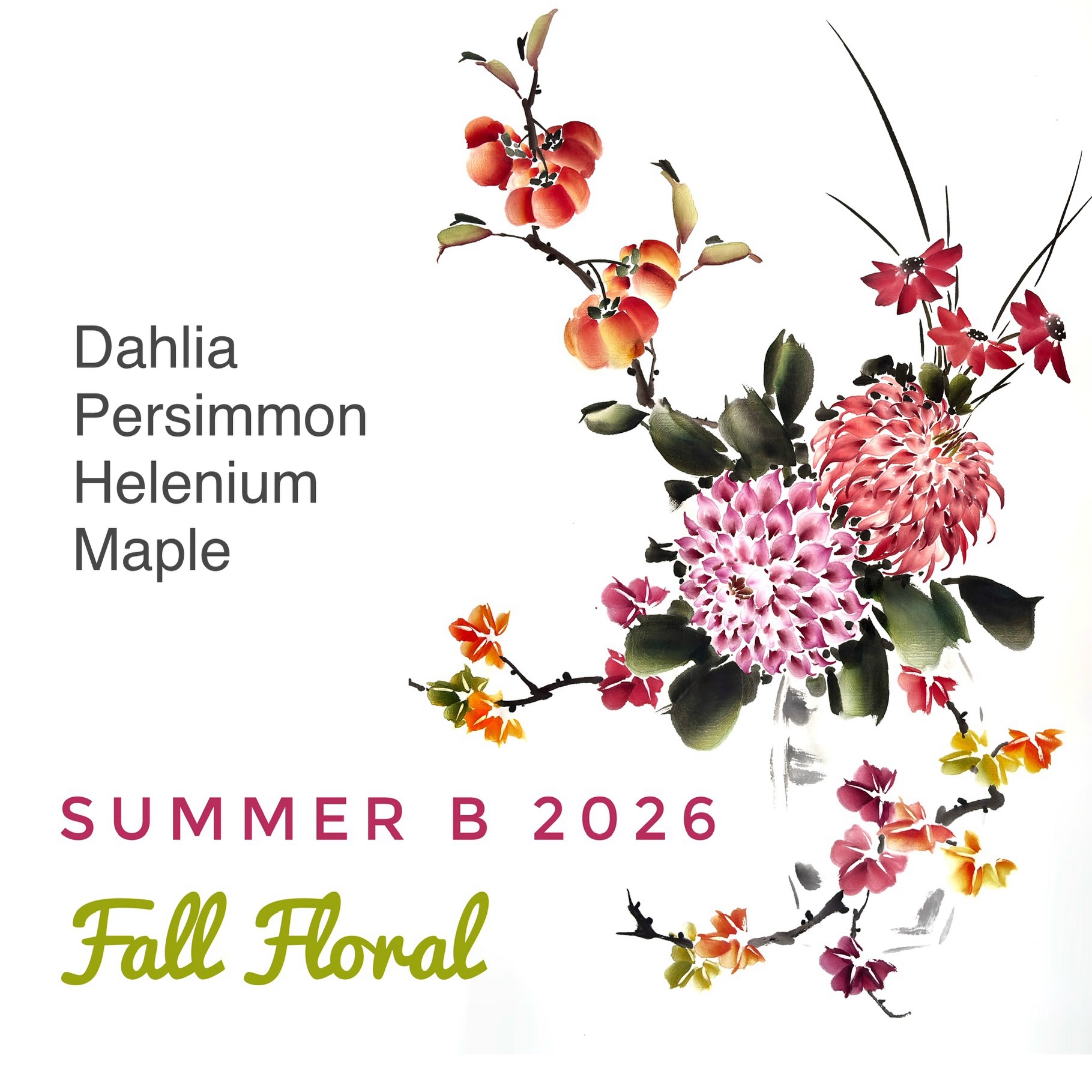 Hello Brush Painters! There’s still time to join me for our spectacular Summer Part B, “Fall Floral,” starting on August 7 and 8!
In Chinese Brush Painting, still life belongs within the larger Flower & Bird tradition. It offers a valuable study of spatial relationships, proportion, balance, color harmony, and stroke sequence—along with the creative freedom to combine elements not usually found together in nature.
Learn to paint an elegant composition featuring dahlia, persimmon, helenium, and maple. Bold geometric flowers, sculptural branches, warm seasonal colors, succulent fruits, and delicate accents will come together in a final painting that captures the harmony and beauty of autumn.
Visit mayeefutterman.com/classes
I look forward to continuing our exploration of seasonal compositions! Whether you are returning or joining us for the first time, I hope these projects bring fresh inspiration, new skills, and a closer connection to the vitality of nature. See you soon!
#stilllife #floral #chinesebrushpainting #classes