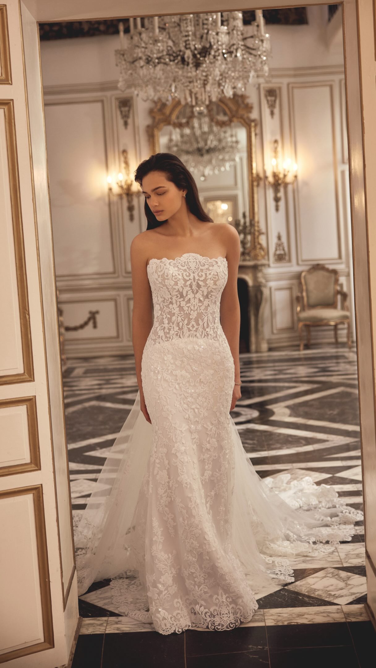 Arriving soon! An inverted drop waist, scalloped strapless neckline and sequined lace 🤍 Nathalia will be joining the I&B collection of stunning & romantic wedding dresses very soon 🤍 @justinalexander #bridalfashion #weddingdresses #ctbride #ivoryandblushbridal #laceweddingdress