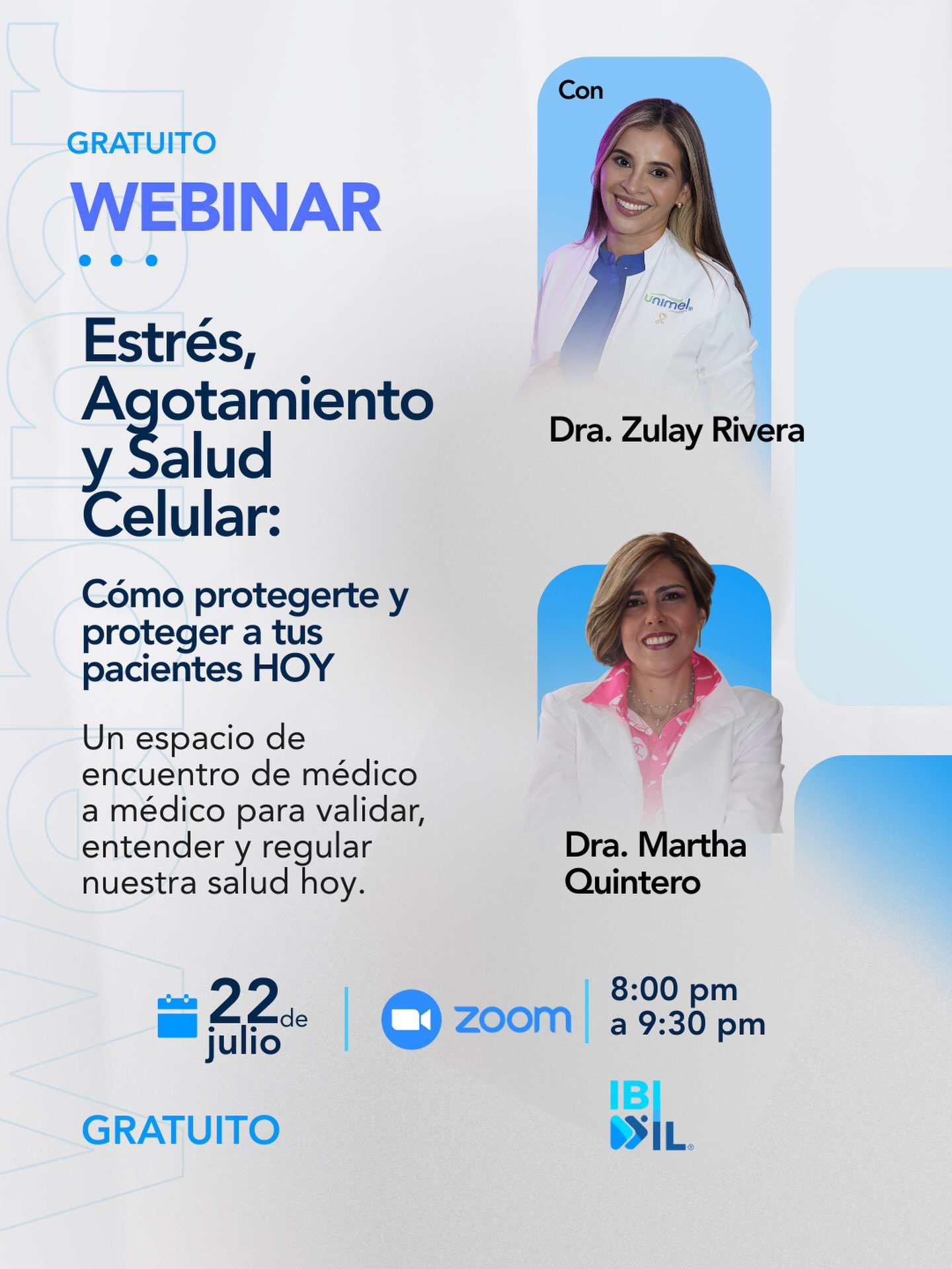 🙌🏻 ¡Nos vemos hoy en el webinar!
El estrés sostenido no solo afecta cómo nos sentimos. También impacta nuestra salud celular, nuestra capacidad de recuperación y la manera en que enfrentamos el día a día.
Por eso hemos preparado un webinar gratuito donde la Dra. Zulay Rivera y la Dra. Martha Quintero compartirán una mirada científica y práctica sobre cómo el estrés y el agotamiento afectan al organismo, y qué podemos hacer para proteger nuestra salud y la de nuestros pacientes.
📅 22 de julio
🕗 8:00 p. m.
💻 Vía Zoom
🙌🏻 GRATIS
Un espacio de actualización, reflexión y aprendizaje pensado para profesionales de la salud.
Escríbenos por DM para darte más información y enviarte el link de Zoom