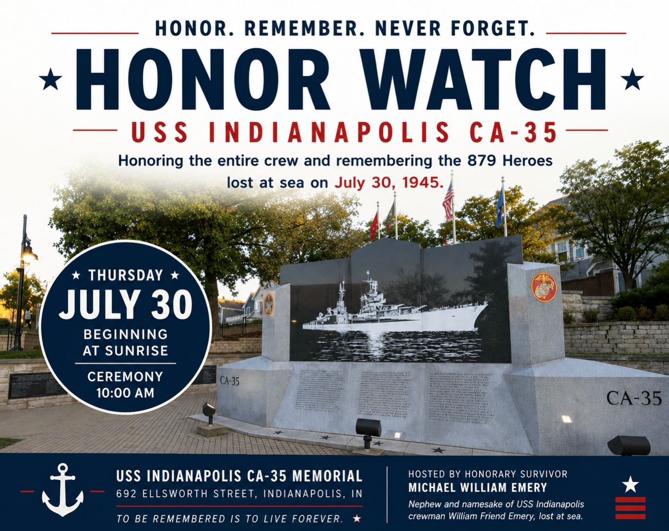 HONOR WATCH | JULY 30 ⚓🇺🇸
On July 30, 1945, the crew of USS Indianapolis (CA-35) endured one of the greatest tragedies in U.S. naval history. By the end of their four-day ordeal, 879 Sailors had been lost in the greatest loss of life at sea from a single U.S. Navy combatant ship during World War II.
This Thursday, families of the crew, Honorary Survivors, and friends will gather at the USS Indianapolis Memorial in Indianapolis for the annual Honor Watch, beginning at sunrise.
A special ceremony at 10:00 a.m. will honor Indiana’s 31 Hoosier Heroes lost with the ship. Throughout the day, visitors can experience historical artifacts, family heirlooms, the raising of an original 81-year-old USS Indianapolis flag, remembrance ceremonies, music, and the reading of a special letter from Harold Bray, the last living survivor of USS Indianapolis.
If you’re in the area, we hope you’ll join us as we remember the crew and ensure their sacrifice is never forgotten.
To be remembered is to live forever. ⚓🇺🇸
Honor Watch is organized each year by Honorary Survivor @mwemery19 Michael William Emery, nephew and namesake of crewman William Friend Emery, who was among those lost at sea.
#USSIndianapolis #WWII #USNavy #history #neverforget
