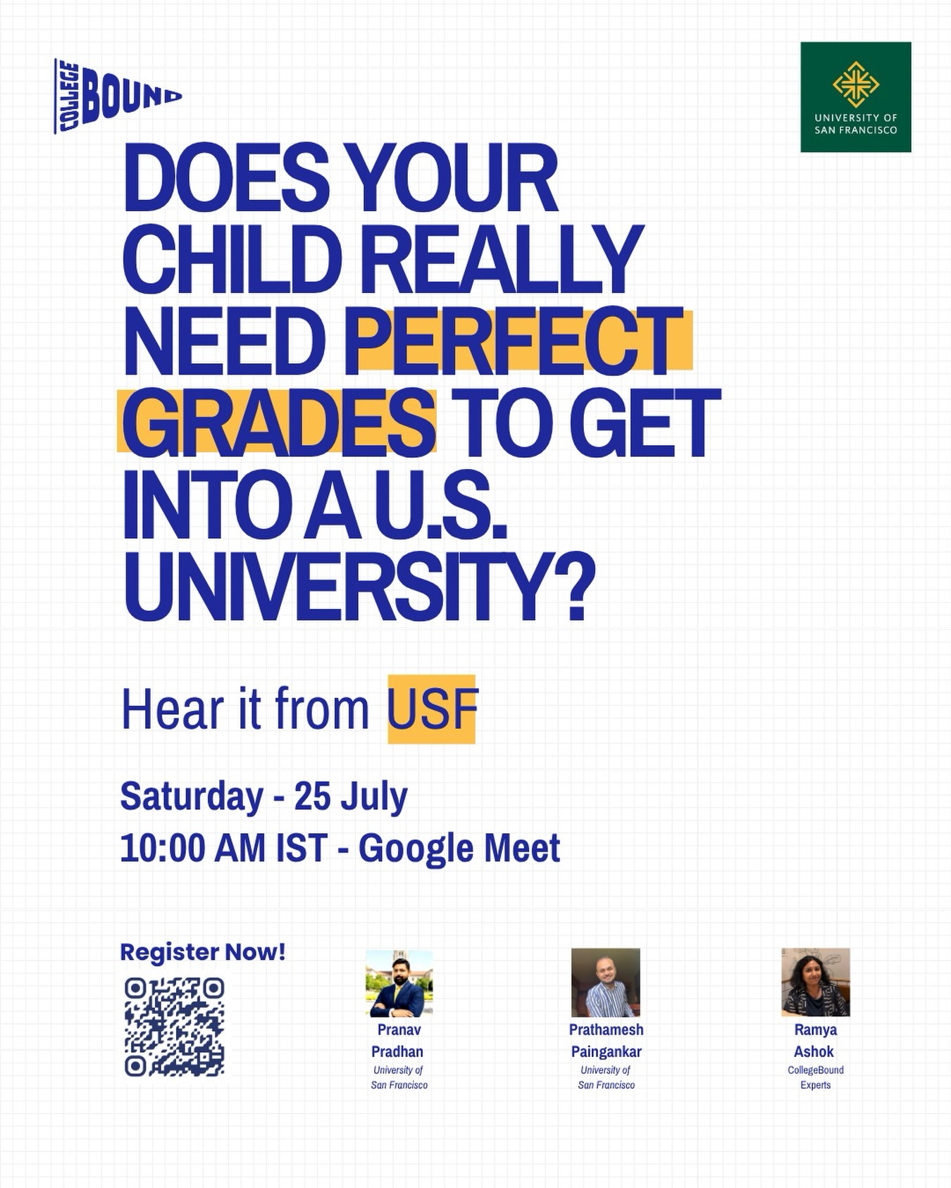 No, your child does not need perfect grades to get into a good U.S. university.
But what they do need is something most Indian families spend very little time building: a profile that tells a story, not just a transcript that lists scores.
U.S. admissions is holistic. That word gets used a lot, but what it actually means is this: the university wants to know who your child is as a person; what they have pursued, what they care about, what they have contributed, and what they will bring to campus.
Yes, grades definitely matter, but they are one part of a much fuller picture.
This Saturday, I’m in conversation with two senior admissions officers from the University of San Francisco and we are going to answer this question, and then some, directly and openly.
If this is something you have wondered about, come join us.
🗓️ Saturday, 25 July | 10:00 AM IST | Google Meet | Free
🔗 Register — link in bio
@pranavusf @varanbhatanitup @usfca_admission @usfca @ramyaashok
#USCollegeAdmissions #IndianParents #CollegeBoundExperts #UniversityOfSanFrancisco #IndianStudents HolisticAdmissions CollegeCounseling StudyInUSA