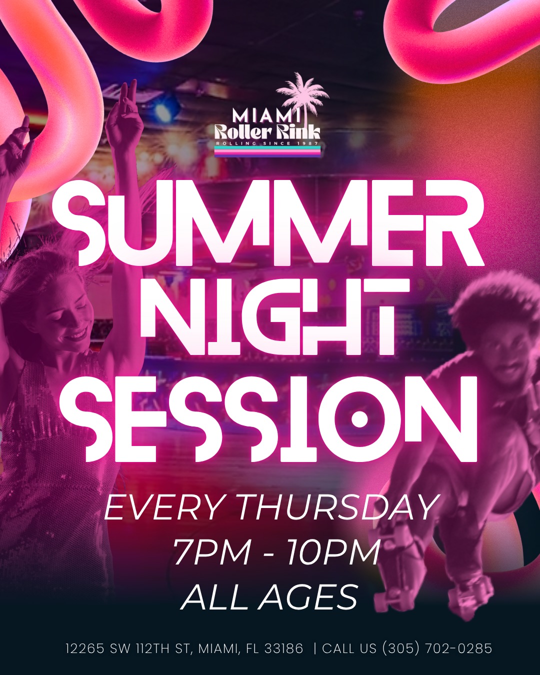 Summer Night Session☀️🌙
🗓️Thursdays
🕗7PM – 10PM
✨All Ages
🎟️ $10 Summer Special
Beat the heat and roll with us under the lights.
*Date Night Special
*Weekday Specials
*Plus & VIP Members FREE
📍 12265 SW 112th St, Miami, FL 33186
📞 (305) 702-0285
#MiamiRollerRink #Thingstodomiami #Miamiskate #hotwheels