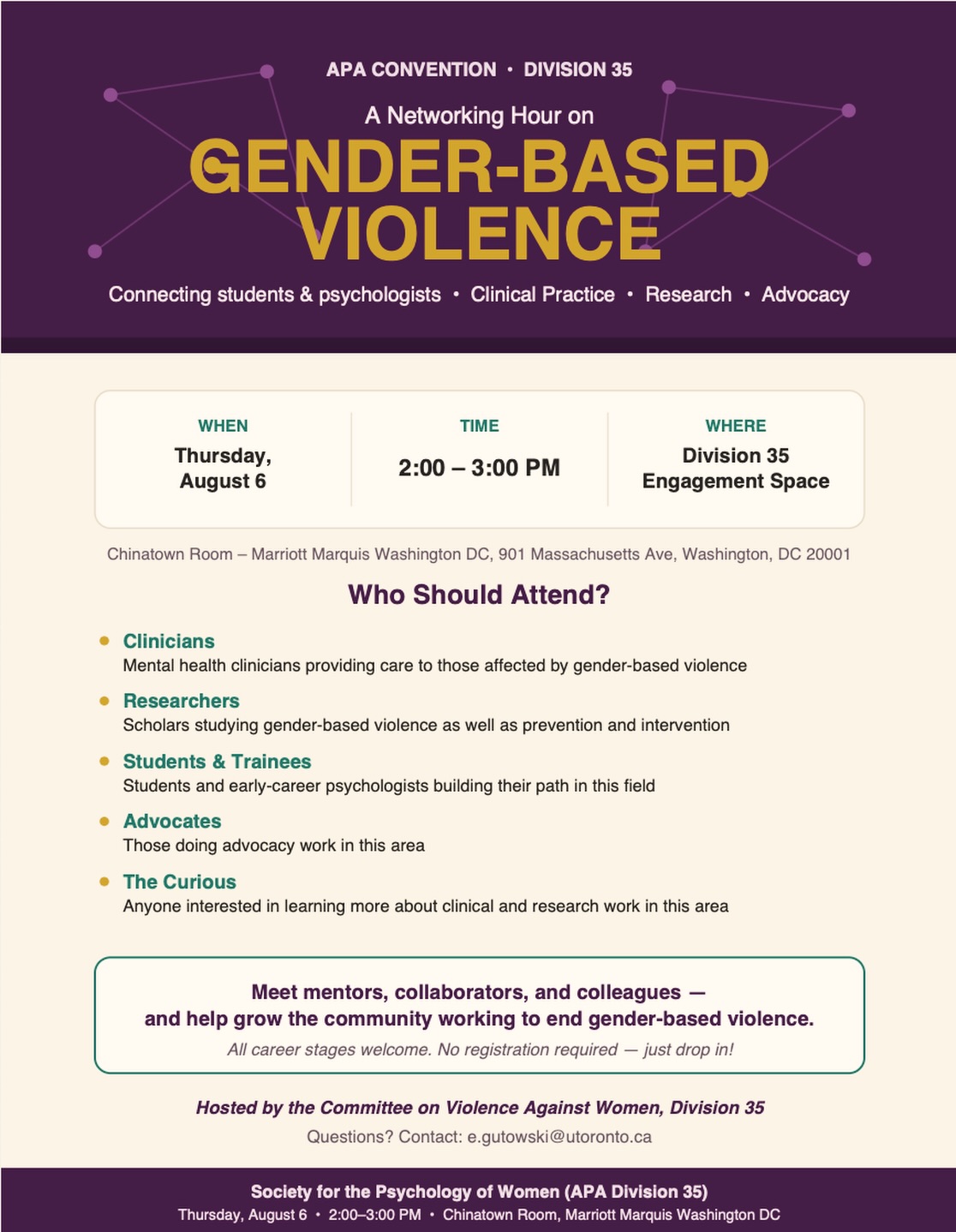 Gender-based violence work is strengthened through community. 💜
If you’re attending #APA2026, join us for a networking hour hosted by APA Division 35’s Committee on Violence Against Women. Whether you’re a clinician, researcher, student, advocate, or simply interested in this work, this is a space to build meaningful connections with people committed to prevention, healing, research, and advocacy.
📍 Chinatown Room, Marriott Marquis Washington, DC
🗓 Thursday, August 6
🕑 2:00–3:00 PM
No registration required—just stop by. We hope to see you there!
#APA2026 #Division35 #GenderBasedViolence