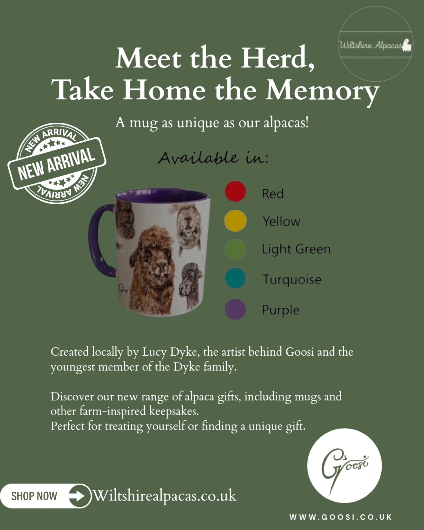 Meet the herd, take home the memory 🦙☕️
Our brand new alpaca mugs have arrived!
Featuring beautiful artwork by local artist Lucy Dyke of Goosi, each mug showcases our wonderful herd, with a choice of five handle and interior colours: Red, Yellow, Light Green, Turquoise, and Purple.
Whether you're treating yourself or looking for the perfect gift for an alpaca lover, these mugs make a lovely keepsake from your visit.
Available now in our honesty shop and online at wiltshirealpacas.co.uk.
#wiltshirealpacas #alpacamug #shoplocal #farmshop #giftideas