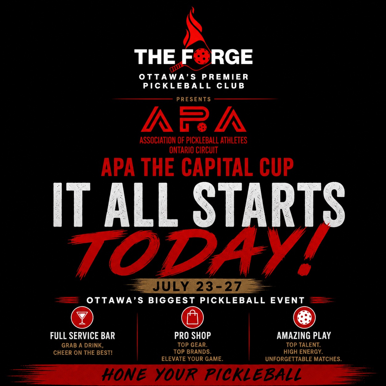 APA THE CAPITAL CUP IS HERE.
The wait is over.
From Today through Sunday, The Forge becomes the home of one of the biggest pickleball tournaments in Canada as hundreds of athletes from across Ontario/Quebec and beyond battle for APA Capital Cup glory.
🔥 Five days of elite competition..
🍺 Full-service bar.
🛍️ Pro Shop.
🎥 LIVE streaming all tournament long on YouTube.
Whether you're competing, cheering from the mezzanine, or following the action from home, this is the week you won't want to miss.
📍 The Forge Pickleball
📺 LIVE: YouTube.com/@TheForgePickleball
Hone Your Pickleball.
#APACapitalCup #TheForgePickleball #Ottawa #OttawaEvents #TournamentWeekend #LivePickleball #PickleballLife #DinkResponsibly