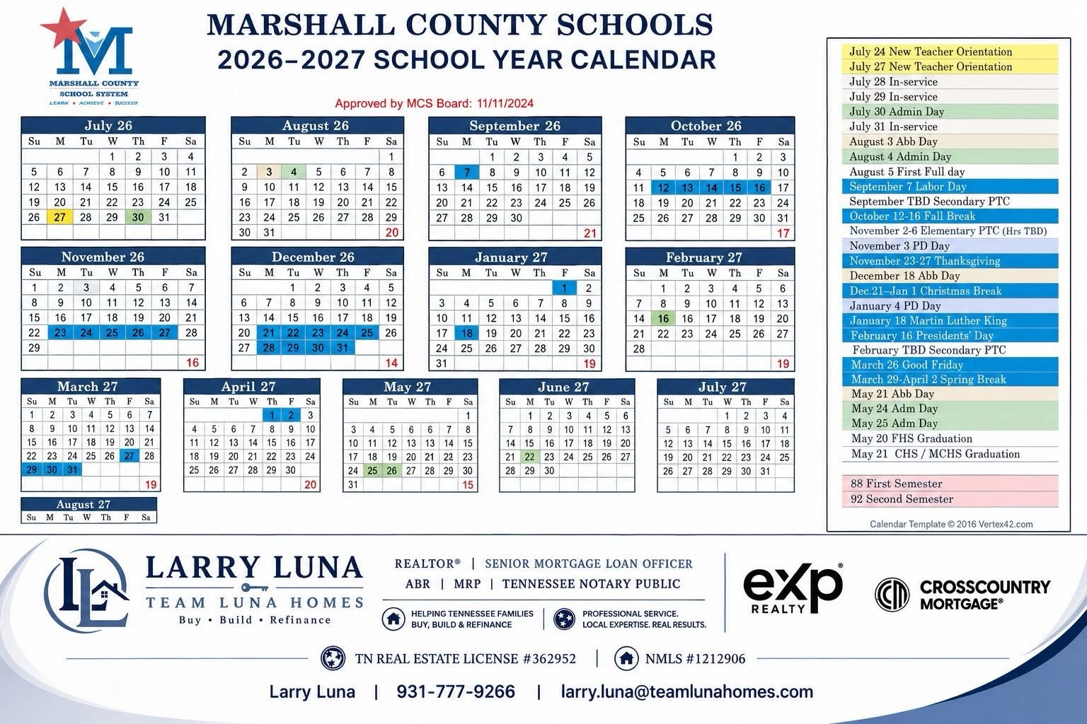 📚 Marshall County Schools 2026–2027 Calendar
With the new school year coming up, I thought this might be helpful for you parents and grandparents.
I put together a simple printable calendar showing important dates for the upcoming school year, including:
✅ The first day of school
✅ Holidays and scheduled breaks
✅ In-service and administrative days
✅ Parent-teacher conference dates
✅ Graduation dates
Feel free to save it, print it or share it with anyone who may find it useful!