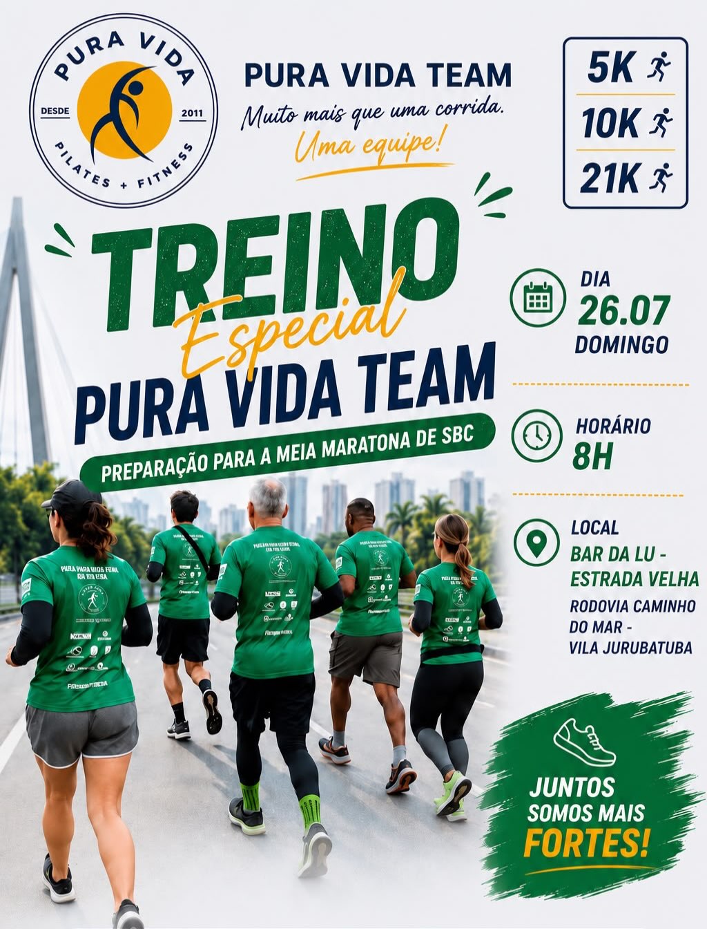 🏃♂️ Bom dia, Pura Vida Team! 💚
Está chegando a hora da nossa Meia Maratona de SBC, e nada melhor do que um treino especial para nos prepararmos juntos!
📅 Domingo – 26/07
🕗 Horário: 8h
📍 Local: Bar da Lu – Estrada Velha (Rodovia Caminho do Mar – Vila Jurubatuba)
Será um momento para treinar, trocar experiências, tirar dúvidas e fortalecer ainda mais a energia da nossa equipe! Não importa se você vai correr 5 km, 10 km ou 21 km, todos são muito bem-vindos.
Convite aberto a aluno e não alunos!!
💚 Venha fazer parte desse momento! Treinar em grupo é muito mais motivador.
📲 Confirme sua presença pelo WhatsApp:
(11) 99360-9889