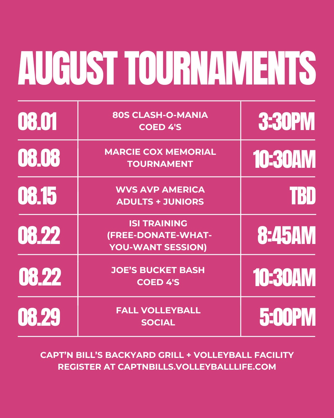 They said August would be hot, but they didn’t say why…. 👀
It’s because the volleyball nets are ON FIRE this month. 🔥🏐 (Sorry, we had to.)
Tournaments are rolling in all August long! Bring your team, bring your appetite, bring your best vibes.
Swipe for the full lineup and let’s get after it. See You At Bill’s. 🌞🤘🏽🍻