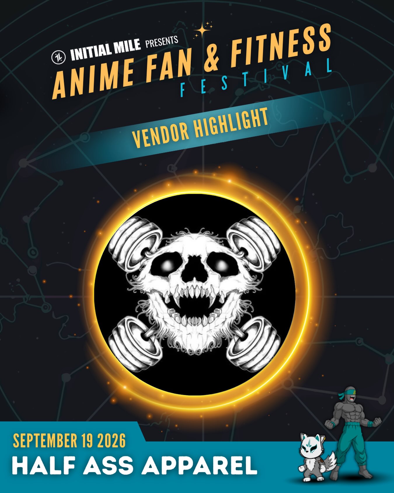 We are excited to welcome @halfassapparel to our Second Annual Anime Fan and Fitness Festival! Be sure to stop by his booth to check out the latest gear, pick up some new fits for your next workout and when you’re hitting the gym, remember their slogan, “Never Half Ass. Use Your Whole Ass!” #animefanandfitnessfestival #animefestival #fitnessfestival #initialmile