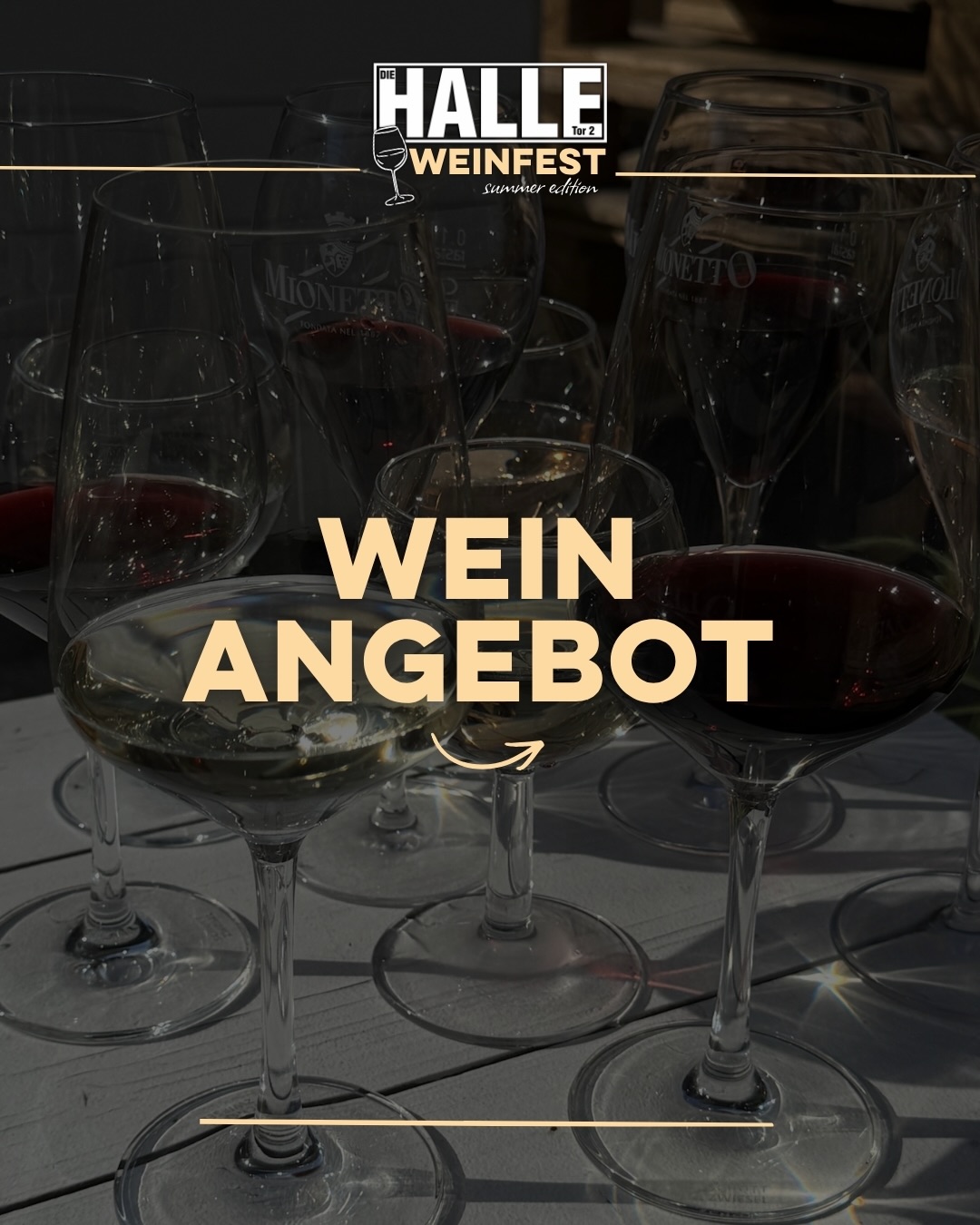 Das ist unser Wein Angebot für das HALLE Tor 2 Weinfest🍷🍇
Euch erwartet eine sorgfältig ausgewählte Vielfalt an Weinen verschiedener Länder, präsentiert von Winzer:innen und Weinexpert:innen, die ihre Leidenschaft und ihr Wissen gerne mit euch teilen.🍷
Das erwartet Euch:
🍇Vielfältige Weinstände - Winzer*innen vor Ort
🍴leckeres Streetfood - passend zum Wein
🎤musikalische Live-Acts & DJs
🍷Daydrinking
☀️Indoor & Outdoor (flexible Open-Air Location)
🗓️Freitag, 24.07.2026 ab 17:00 Uhr - open end
🗓️Samstag, 25.07.2026 ab 16:00 Uhr - open end
🎟️ Ticket-Specials:
👥 4er Gruppen-Ticket: 35€ (statt 40€)
👥 8er Gruppen-Ticket: 65€ (statt 80€)
🎟️Ticketlink in Bio!