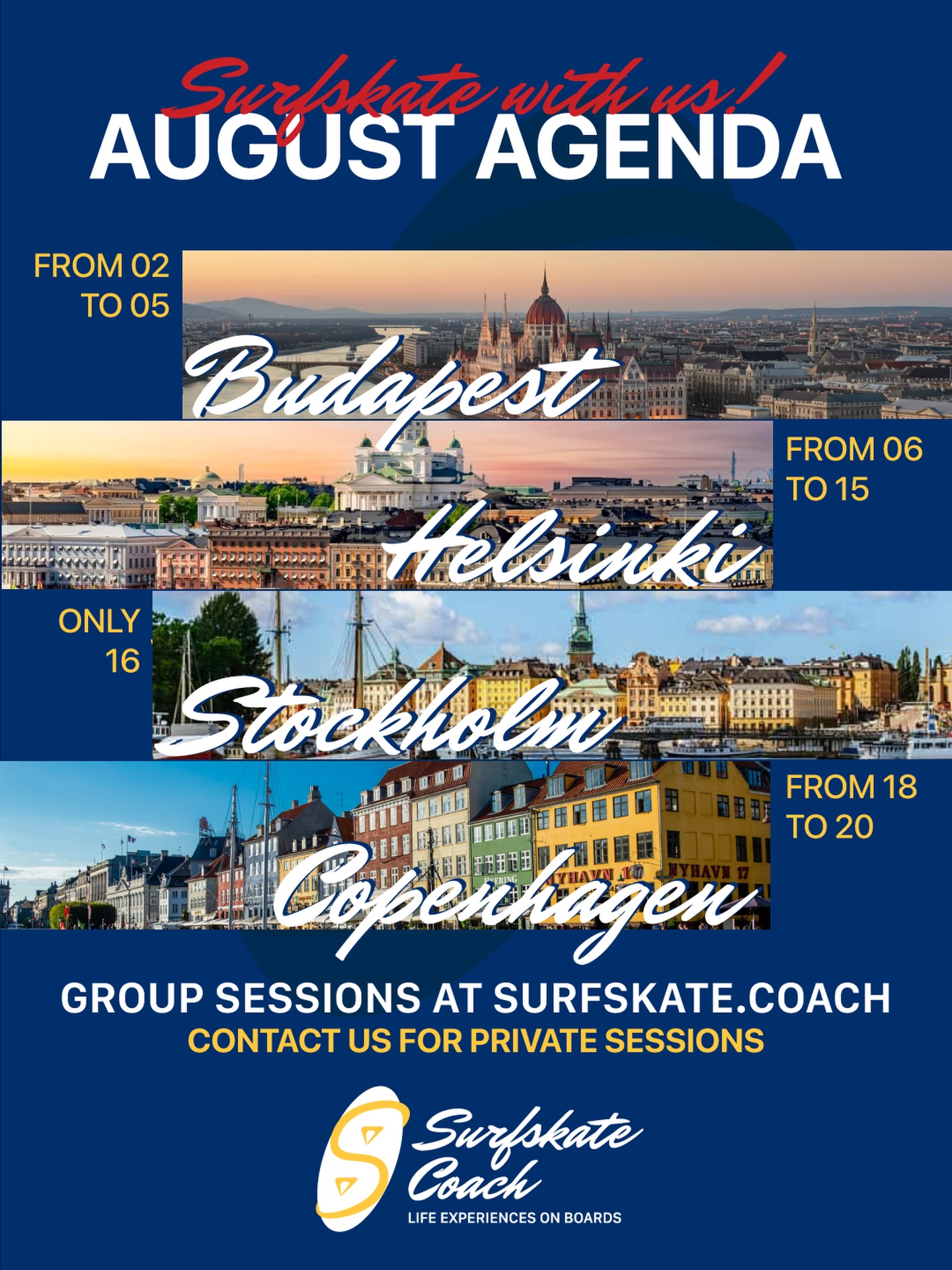 Summer is not over!
@manuchis will be visiting several European cities during August.
Join group sessions at Helsinki or book private sessions !
He is also open for collaborations and exploring the best spots in the city ✨
@surfskate.hungary @surfskatefin @surffisiskot @surfskatestockholm @swirlcopenhagen