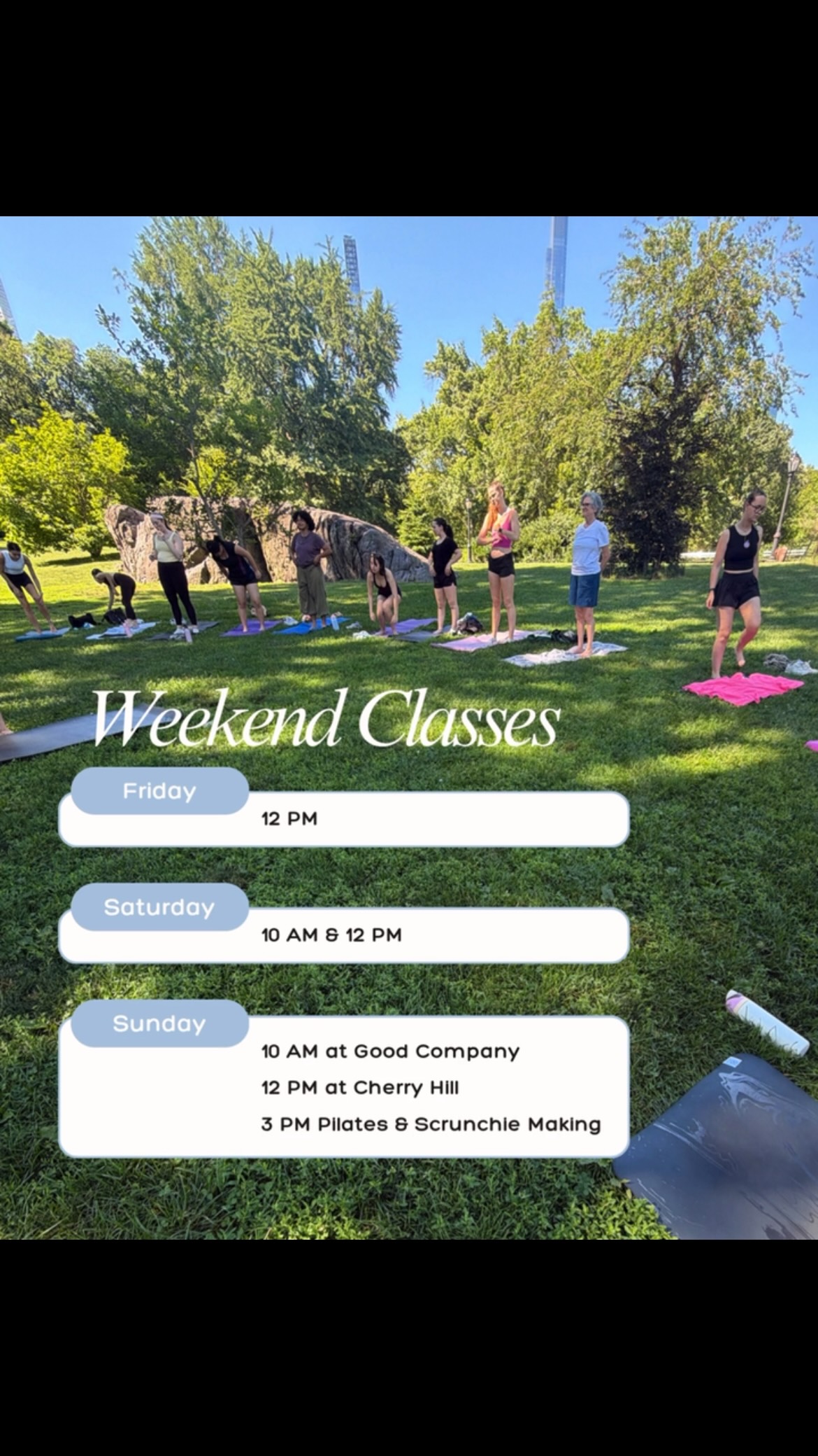 Weekend Class Schedule! On Sunday we have two exciting events! Join us for Pilates and Scrunchie Making with @craftclubnyc and a special class at @goodcompanyshop.nyc as part of their opening weekend!
See you soon!
#centralparkpilates #pilatesinthepark #upperwestside #nycfitness