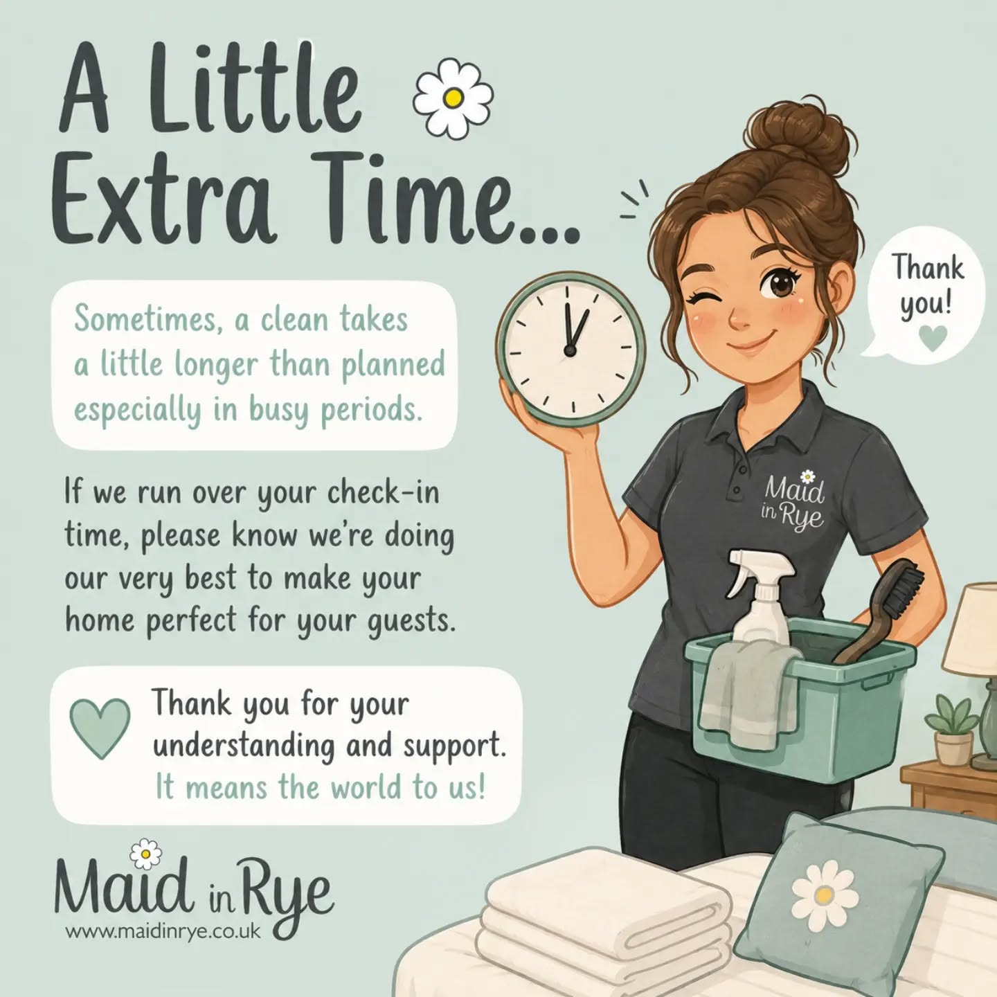 To our wonderful holiday home owners (and lovely guests!) 👋✨
Our team is hard at work making sure every property we care for across Rye and the surrounding area is sparkling clean, cozy, and ready to welcome happy visitors.
While our main goal is always to have your home prepped and primed right on check-in time, on particularly busy turnaround days we may occasionally run a few minutes over. We treat every home like it’s our own, so if we take a little extra time, it’s only to ensure every single detail meets the high standards you and your guests expect! 🧼🏡
We truly appreciate your kindness, patience, and ongoing trust in us. Thank you for being such a joy to work with! 🤍
#MaidInRye #RyeSussex #HolidayHomeCare #HolidayLetCleaning #RyeCottages