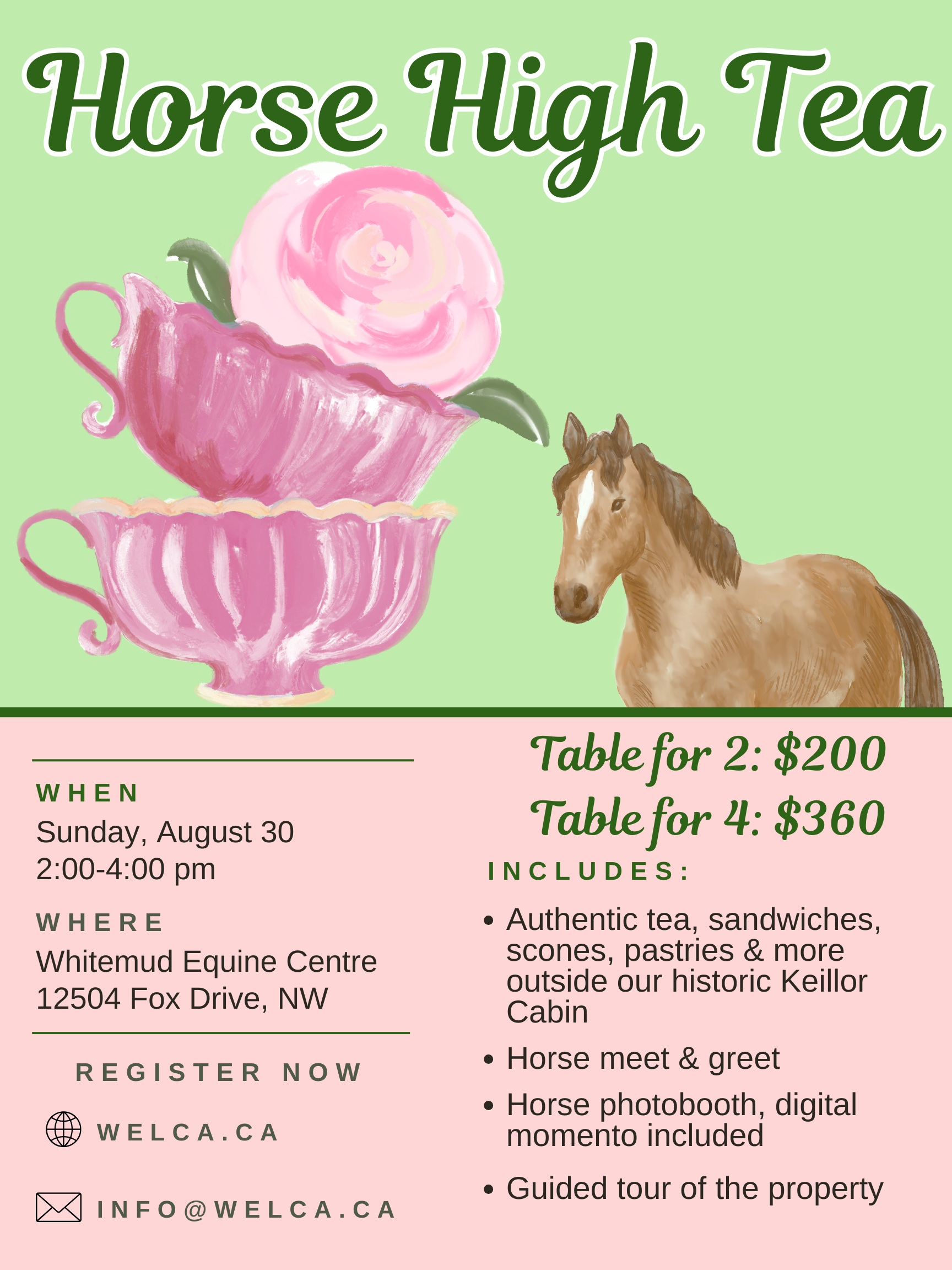 Join us on Sunday, August 30 for an afternoon tea, treats and of course horses! This unforgettable experience will feature authentic tea, freshly made sandwiches, warm scones, pastries, and more served outside our historic Keillor Cabin. Meet our friendly horses, snap a photo at the horse photobooth with a complimentary digital keepsake, and explore the property on a guided tour filled with history and charm.
Register now using link in bio or at welca.ca!
#yegactivity #yegfamily #yegteaparty #yegsummer #yegevent
