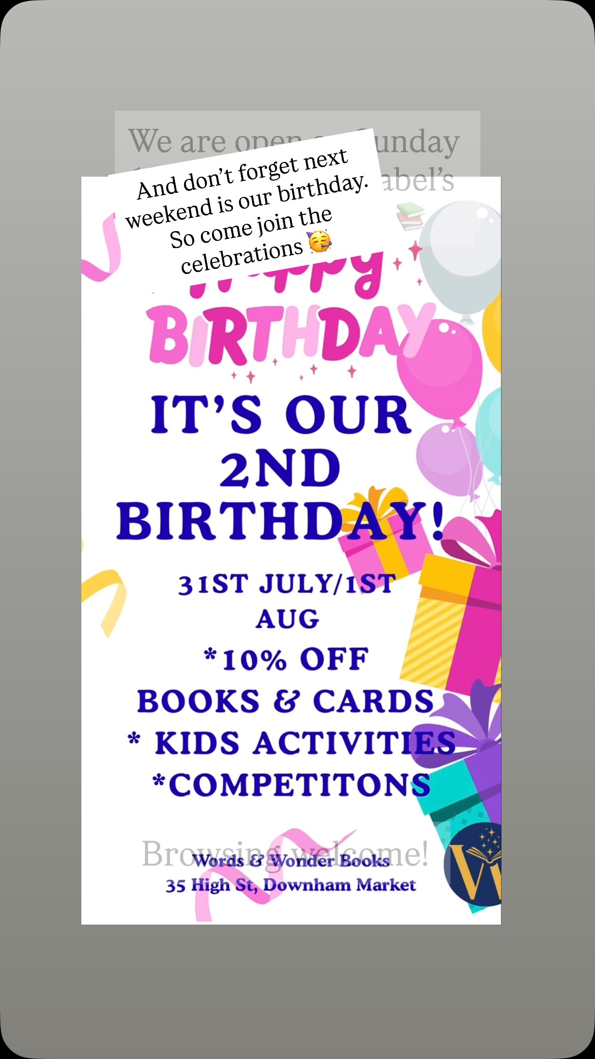 Two dates for your diaries!
Sunday 26th July we are open 10-3pm for the Mabel’s Makers Market.
Friday 31st July/Saturday 1st August is our birthday weekend with 10% off all books & cards.
We look forward to seeing you soon!