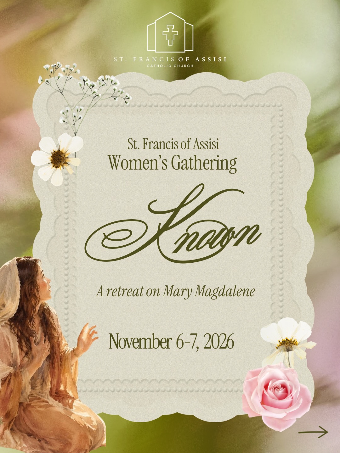 Happy Feast Day of St. Mary Magdalene!
On her feast day, we’d like to invite all women of our parish to join us November 6-7, 2026 for KNOWN, a weekend retreat for women seeking a deeper relationship with Christ and authentic connection with one another.
Registration link in bio!