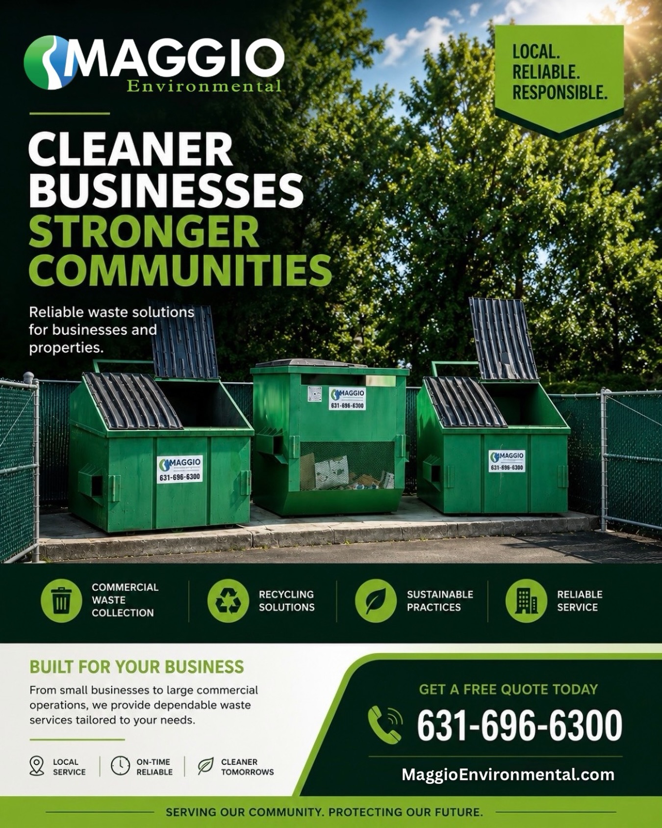 Cleaner Businesses. Stronger Communities. ♻️🏢
Your business deserves a waste and recycling partner that’s dependable, responsive, and committed to keeping your property looking its best.
At Maggio Environmental, we provide customized commercial waste and recycling solutions for businesses of every size—backed by local service you can count on.
✅ Reliable commercial waste collection
♻️ Recycling solutions tailored to your business
🌱 Sustainable practices that support a cleaner future
🚛 On-time, dependable service from a local team
From retail centers and office buildings to restaurants, contractors, HOAs, and industrial facilities, we’re here to help keep your operations running smoothly.
📞 Call today 631-696-6300
🌐 MaggioEnvironmental.com
Local. Reliable. Responsible. That’s the Maggio Environmental difference.
#MaggioEnvironmental #CommercialWaste #Recycling #LongIslandBusiness #WasteSolutions CommercialServices Sustainability PropertyManagement LocalBusiness CleanerCommunities LongIsland EnvironmentalServices