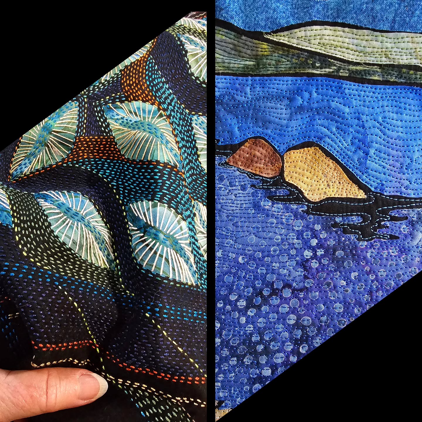 Friday again!! Works in progress... a bleak, cold, grey winters day here but working on these two beautiful blue batik fabrics, that I picked up at a recent destash, took me back to warmer days when we kayaked on a beautiful blue sky day in NZ💙
I enjoy working with the challenge of patterned batik fabrics, it's not just about the colour but the pattern has to work with the design as well.
Annnd.... so close to finishing the #slowstitch piece. Managed to add a few rows or more while playing a game of scrabble with my mother(she won!)
I hope it's been a productive day wherever you are 😊
#TextileArt #stitchedart #fabriccollage #stitchersofinstagram