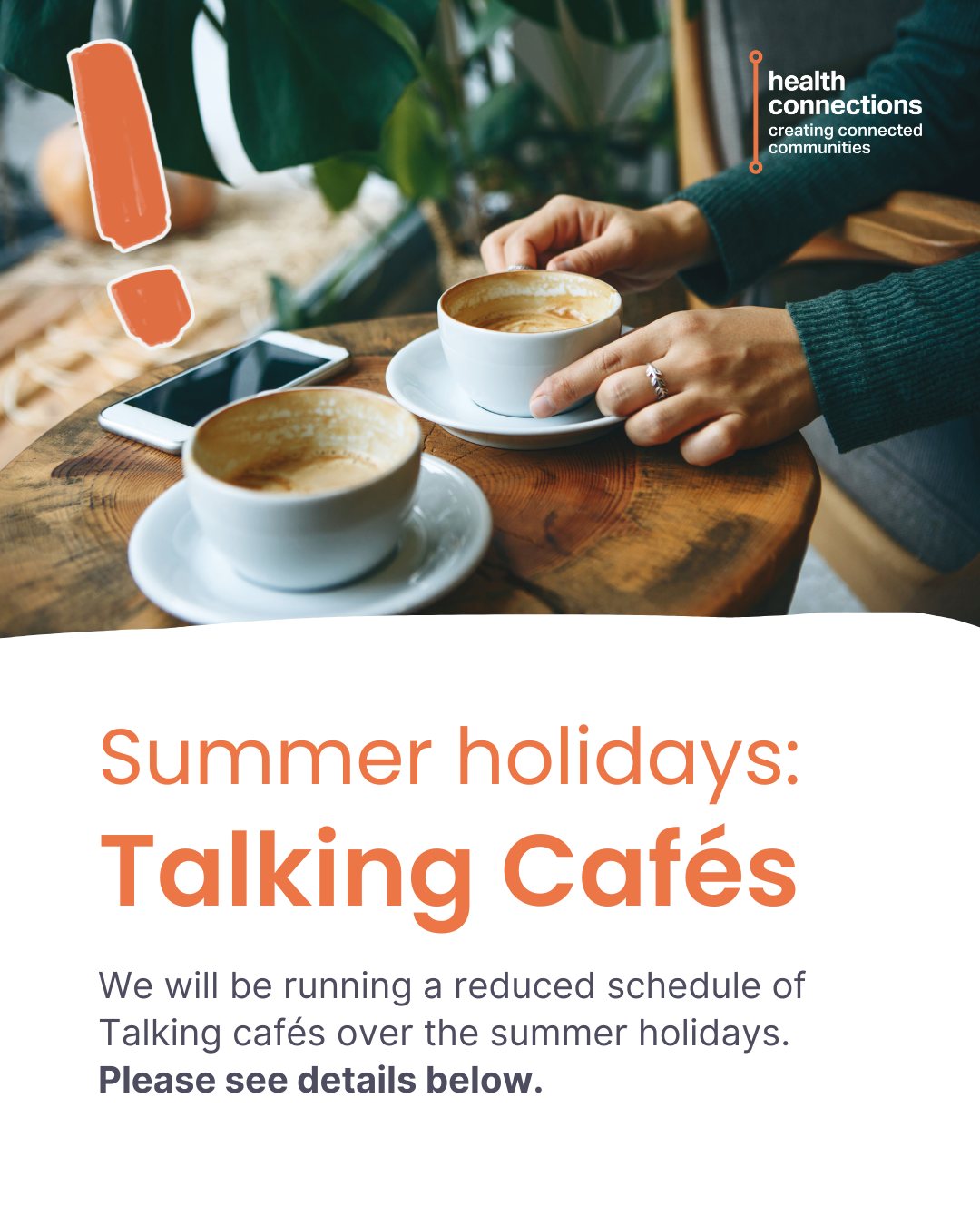 📣 Summer holiday Talking Cafés update!
❗A quick reminder that during the summer holidays we will be running a reduced schedule for Talking cafés.
Summer schedule:
✅ Tuesdays: Dix Neuf Café - 14:30 – 16:00
✅ Wednesdays: Beau Séjour Leisure Centre Café - 14:30 – 16:00
✅ Fridays: Le Friquet Garden Centre Café- 09:00 – 11:30
All cafés will run in partnership with The States Family Support.
In the meantime, please browse our online community directory, for local clubs, groups, support services and activities near you: 🌐 directory@healthconnections.gg
Get in touch if you need support:
☎️ 01481 227470
✉️ hello@healthconnections.gg
www.healthconnections.gg
#creatingconnectedcommunities