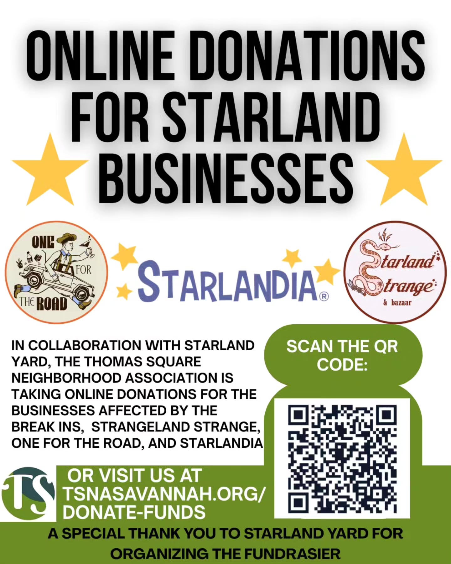 We cant wait to see yall at @starlandyard today (Sunday) 2p-6p to help out some businesses in our community. If you cant make it but still want to help, we set up online donations thru our website. Link in bio or scan the qr code. All proceeds (minus transaction fees) will go to @starlandstrange, @onefortheroad.sav, and @starlandiasupply. ❤️❤️❤️