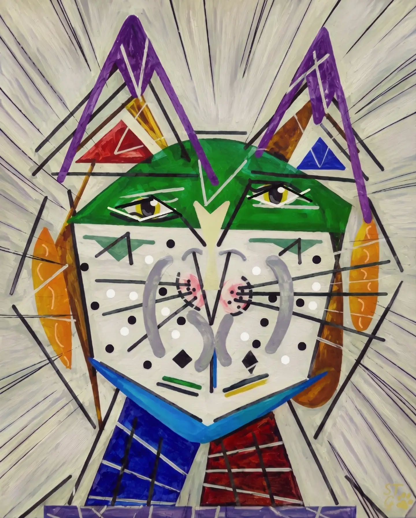 Cat and Forms
Category: Digital
Art. No.: 51
Monat/Erscheinungsjahr: 07/2026
By: SGrasshoffArt
Das Bild „Cat and Forms“ zeigt eine stilisierte Katze, deren Gesicht aus einer Vielzahl geometrischer Formen, markanter Linien und kontrastreicher Farbflächen aufgebaut ist. Die Komposition verbindet Dreiecke, Rechtecke, Punkte und lineare Elemente zu einer modernen, abstrakten Interpretation eines Katzenporträts. Kräftige schwarze Knturen strukturieren das Motiv und verleihen ihm eine klare, grafische Präsenz.
Im Mittelpunkt stehen die gelb leuchtenden Augen der Katze, die den Betrachter mit einem ruhigen und zugleich selbstbewussten Blick ansehen. Die rosafarbenen Wangen, die reduzierte Nase und die langen Schnurrhaare setzen weiche Akzente innerhalb der kantigen Formensprache. Zusätzliche Punktmuster und geschwungene graue Linien im Gesichtsbereich verleihen der Komposition mehr Tiefe und dekorative Vielfalt.
Die Ohren bestehen aus farbigen Dreiecksformen in Violett, Rot, Gold und Blau, während der Hals durch geometrische Farbflächen in Blau und Rot ergänzt wird. Der helle Hintergrund wird von zahlreichen schwarzen Strahlen durchzogen, die sich vom Kopf der Katze aus nach außen ausbreiten. Dadurch entsteht der Eindruck einer leuchtenden Aura, die das Motiv betont und seine zentrale Stellung innerhalb der Komposition verstärkt.
Der Titel „Cat and Forms“ verweist auf das grundlegende Konzept des Werkes. Nicht die naturgetreue Darstellung steht im Vordergrund, sondern das Zusammenspiel unterschiedlichster geometrischer Formen, Linien und Farben, die gemeinsam das Wesen der Katze abstrahiert wiedergeben. Jede einzelne Form trägt zur Gesamtwirkung bei und verbindet Struktur mit künstlerischer Freiheit.
Insgesamt vereint das Werk Elemente moderner geometrischer Abstraktion mit dekorativer Malerei und stilisiertem Tierporträt. Es vermittelt Kreativität, Harmonie und Ausdrucksstärke und zeigt, wie aus einfachen Formen und klaren Linien ein charaktervolles, zeitgenössisches Kunstwerk entstehen kann.
#catart
#contemporaryart
#geometricart
#digitalpaint
#artcollector