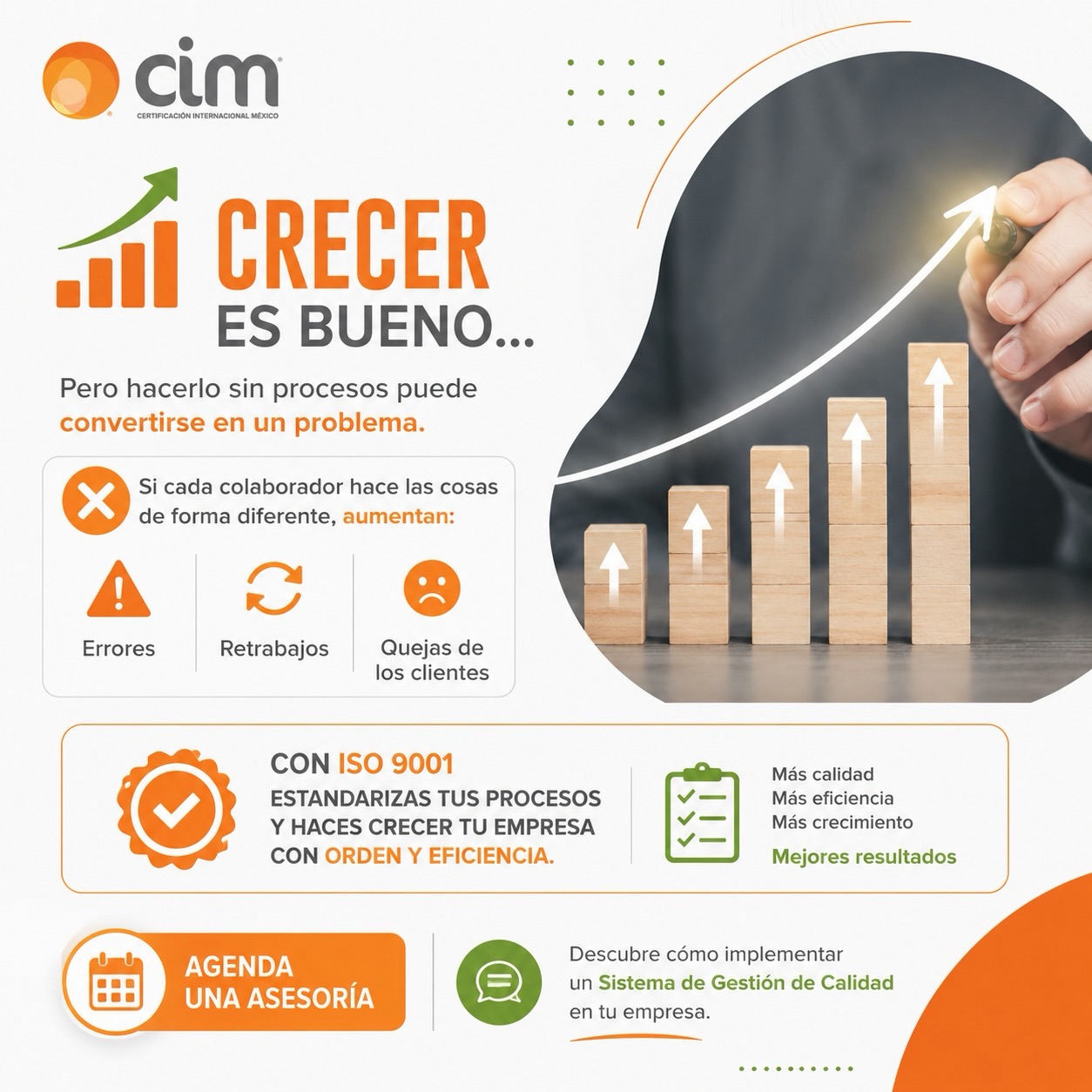 📈 Crecer es una excelente noticia, pero hacerlo sin procesos puede convertirse en un gran desafío.
Cuando cada colaborador realiza las actividades de manera diferente, es común que aparezcan:
🔸 Errores en la operación.
🔸 Retrabajos que consumen tiempo y recursos.
🔸 Quejas de los clientes por falta de consistencia.
La buena noticia es que ISO 9001 te ayuda a establecer procesos claros, mejorar la eficiencia y fortalecer la calidad en cada etapa de tu operación.
Un Sistema de Gestión de la Calidad no solo organiza tu empresa, también impulsa su crecimiento de forma sostenible, aumenta la satisfacción de tus clientes y mejora la competitividad de tu negocio.
✅ Haz que el crecimiento de tu empresa esté respaldado por procesos eficientes.
📩 Agenda una asesoría con nuestros especialistas y conoce cómo implementar ISO 9001 en tu organización.
#ISO9001 #GestiónDeCalidad #MejoraContinua #CertificaciónISO #CalidadEmpresarial Procesos Productividad EmpresasExitosas CIM CertificaciónInternacionalMéxico CrecimientoEmpresa