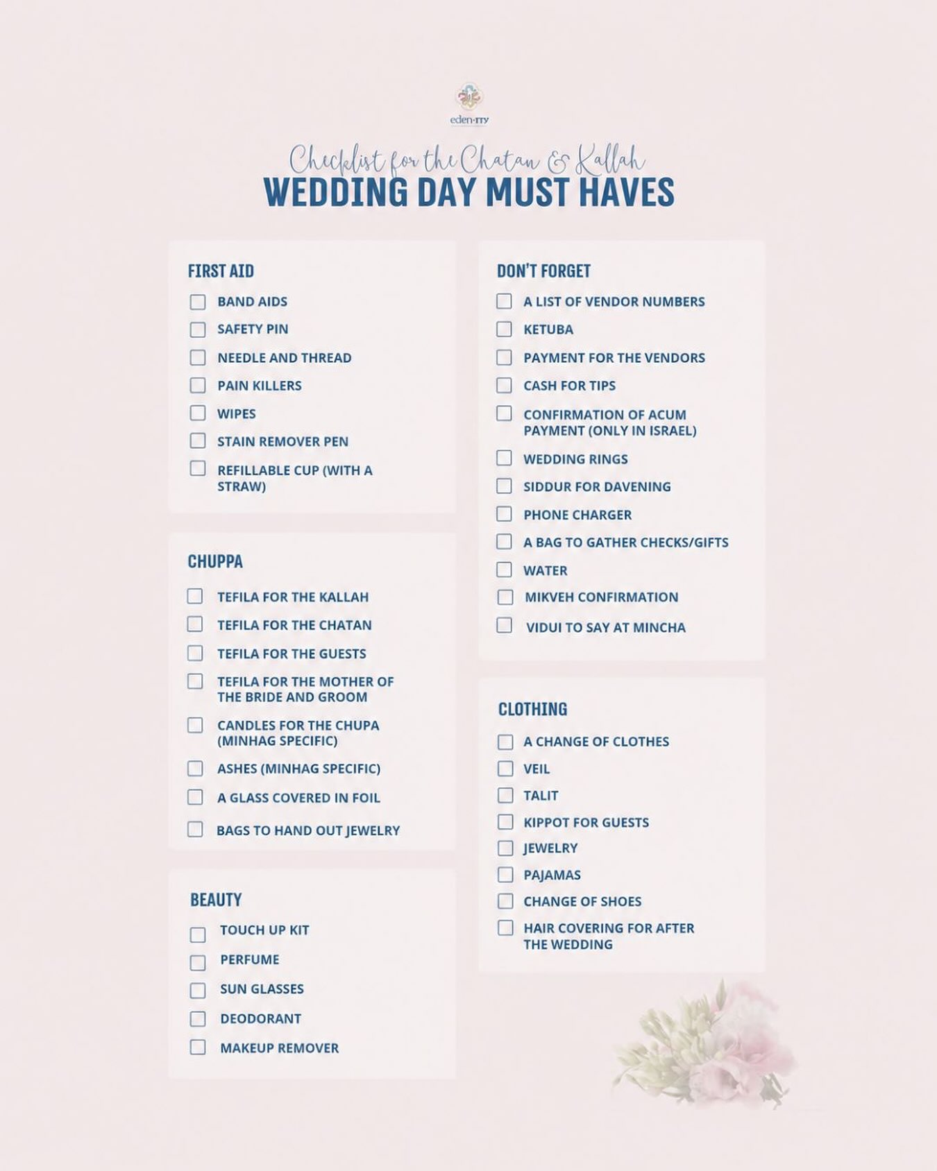 Your wedding day should be filled with meaning and joy—not last-minute stress 💍✨
Save this checklist to help everything run a little more smoothly, from getting ready to standing under the chuppah. You can also download the full checklist from our website.
And remember: even if something doesn’t go exactly according to plan, the most important part of the day is beginning your marriage together 🤍
Send this to a kallah who’s in wedding-planning mode!