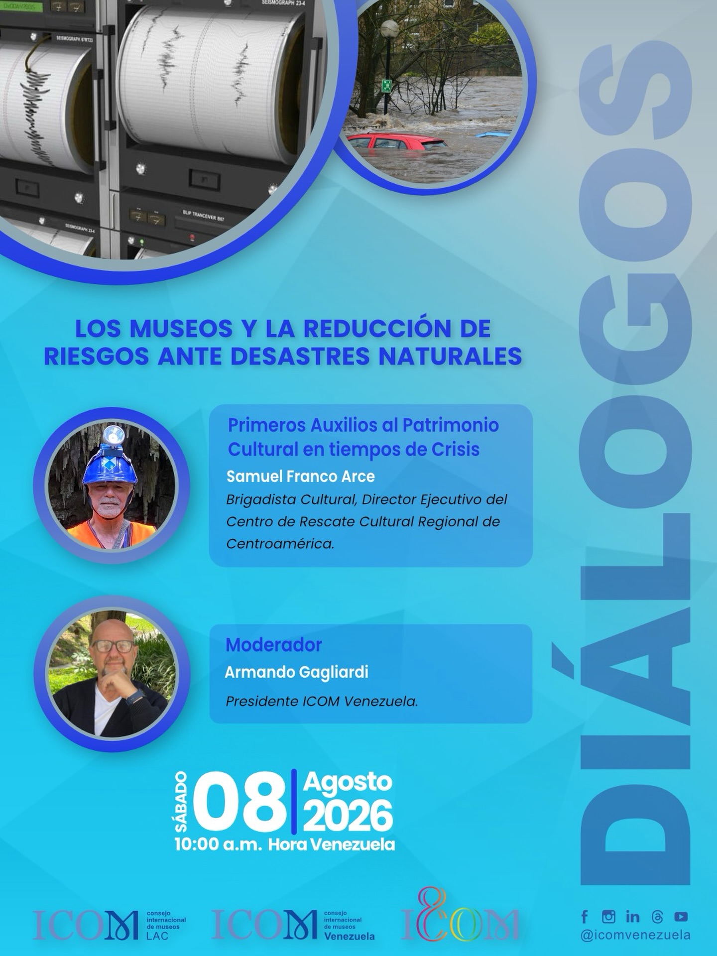 Enlace en la Bio
📢DIÁLOGOS ICOM Venezuela | SÁBADO 8 DE AGOSTO
🏛️ “Los Museos y la Reducción de Riesgos ante Desastres Naturales”
En el marco de la gestión del patrimonio, te invitamos a esta importante charla donde abordaremos los Primeros Auxilios al Patrimonio Cultural en tiempos de Crisis.
🎙️ Ponente: Samuel Franco Arce (Brigadista Cultural y Director Ejecutivo del Centro de Rescate Cultural Regional de Centroamérica)
🎤 Moderador: Armando Gagliardi (Presidente ICOM Venezuela)
📅 Fecha: Sábado 08 de Agosto
⏰ Hora: 10:00 a.m. (Hora Venezuela)
📍 Transmisión en vivo – ¡No te lo pierdas!
Únase a la reunión de Zoom
https://us06web.zoom.us/j/87676496181?pwd=b3eYJv3bfv77AHzyJx5nExeJqUaadY.1
ID de reunión: 876 7649 6181
Código de acceso: 532774
💬 Una oportunidad única para aprender cómo proteger nuestra historia y memoria ante situaciones de emergencia.
🔁 Comparte y etiqueta a los interesados en la preservación cultural.
#PatrimonioCultural #Museos #ReducciónDeRiesgos #SamuelFranco #ICOMVenezuela