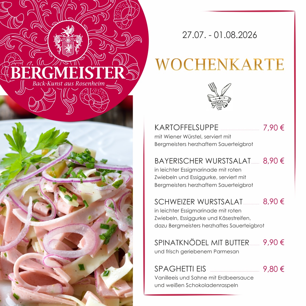 🍽️ Neue Woche, neue Schmankerl im Café BERGMEISTER! 🎉 Dieses Mal habt ihr die Qual der Wahl – gleich 5 leckere Gerichte stehen für euch bereit:
🥔 Kartoffelsuppe mit Wiener
🥗 Bayerischer Wurstsalat
🥗 Schweizer Wurstsalat
🥬 Spinatknödel mit Parmesan und Butter
🍦 Zum krönenden Abschluss: Spaghettieis
Kommt vorbei, probiert euch durch und startet voller Energie in den Nachmittag!
Wir freuen uns auf euch! 😋
Euer Team vom Café BERGMEISTER
#cafébergmeister #bergmeister #Leckereien #Schmankerl #FoodieHeaven #LeckerEssen #EssenWieBeiMama #herzhaft #kartoffelsuppe #wurstsalat #schweizerwurstsalat #spinatknödel #spaghettieis #mittagspause #lunchbreak #maxjosefsplatzrosenheim #rosenheim #pause #mittagessen #frischeküche #wochenkarte